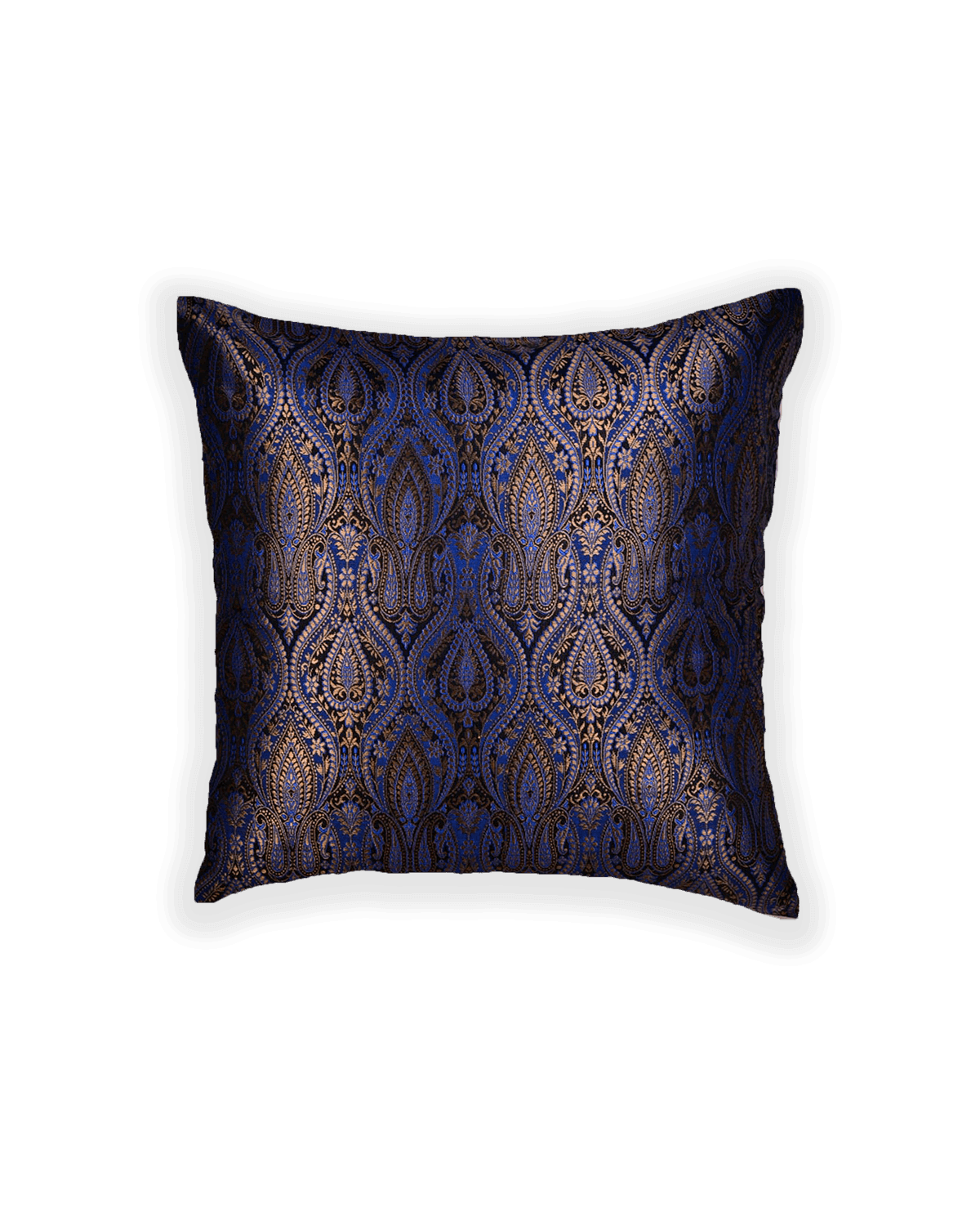 Blue Zari Brocade Woven Poly Silk Cushion Cover with Satin Back 16" - By HolyWeaves, Benares