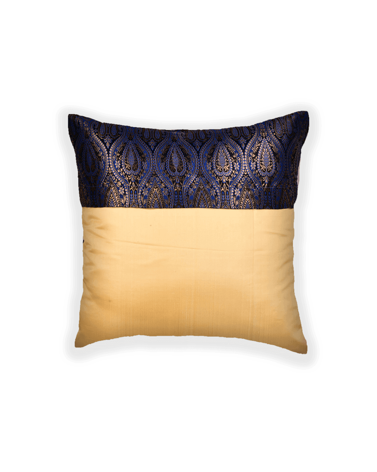 Blue Zari Brocade Woven Poly Silk Cushion Cover with Satin Back 16" - By HolyWeaves, Benares