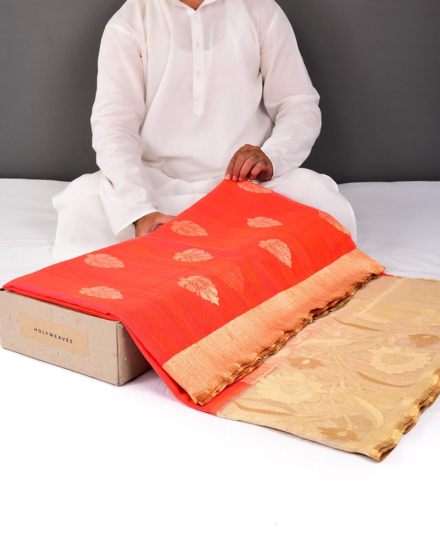 Blush Orange Banarasi Buta Kadhuan Brocade Handwoven Raw Silk Net Saree with Kadiyal Tissue Border - By HolyWeaves, Benares