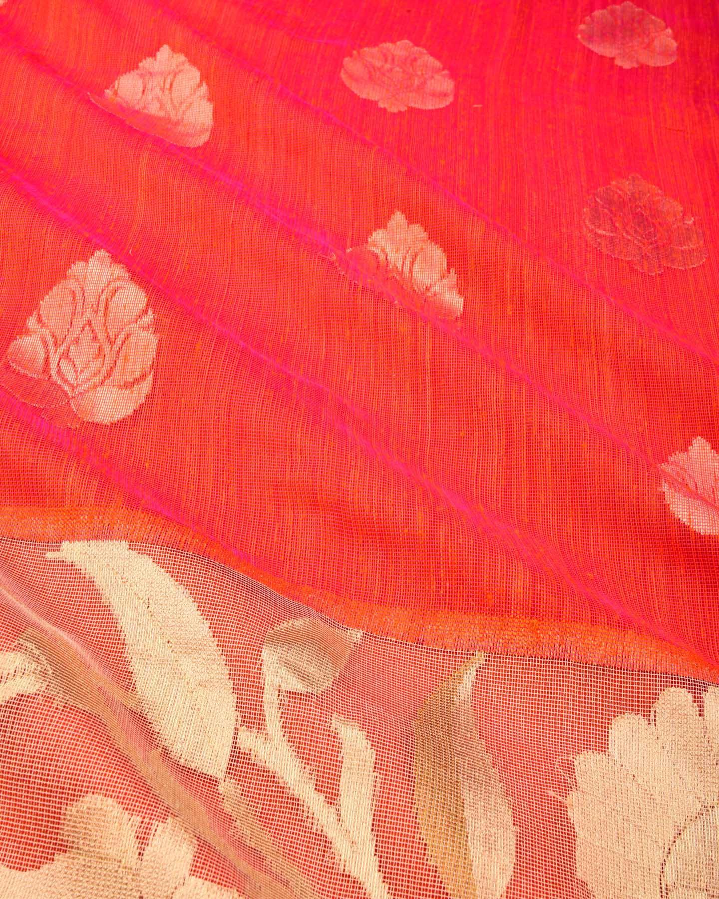 Blush Orange Banarasi Buta Kadhuan Brocade Handwoven Raw Silk Net Saree with Kadiyal Tissue Border - By HolyWeaves, Benares