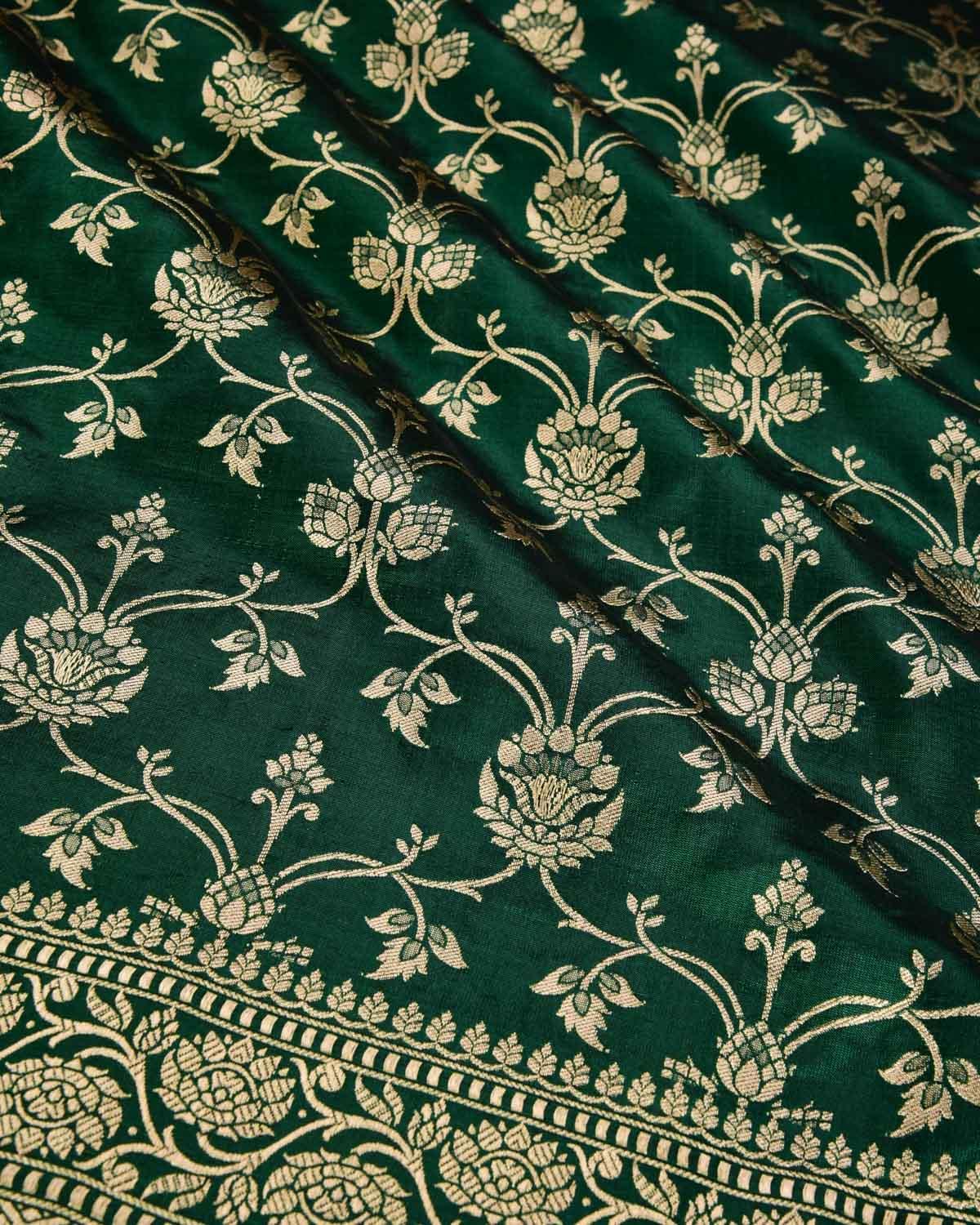 Bottle Green Banarasi Floral Jaal Gold Zari Cutwork Brocade Handwoven Katan Silk Saree - By HolyWeaves, Benares