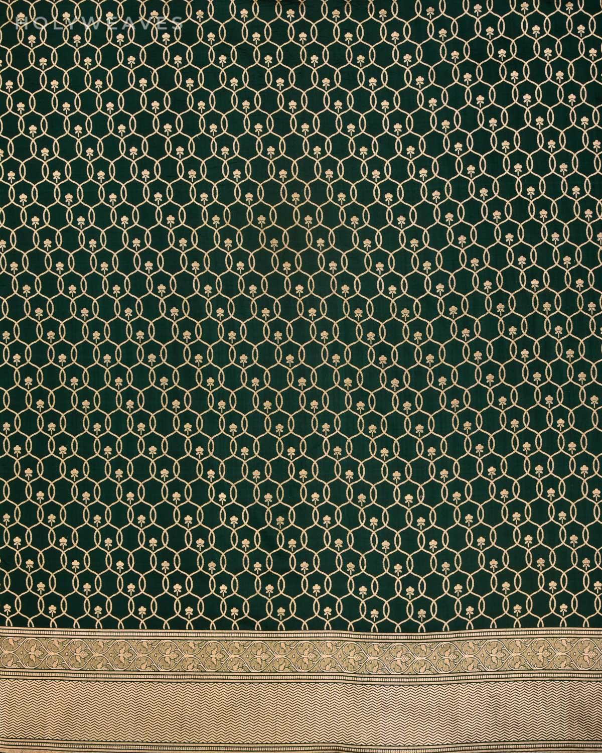 Bottle Green Banarasi Geometric Jangla Cutwork Brocade Handwoven Katan Silk Saree - By HolyWeaves, Benares