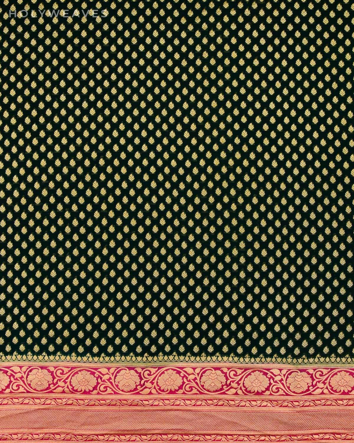 Bottle Green Banarasi Ghani Buti Cutwork Brocade Handwoven Khaddi Georgette Saree with Contrast Pink Border Pallu - By HolyWeaves, Benares