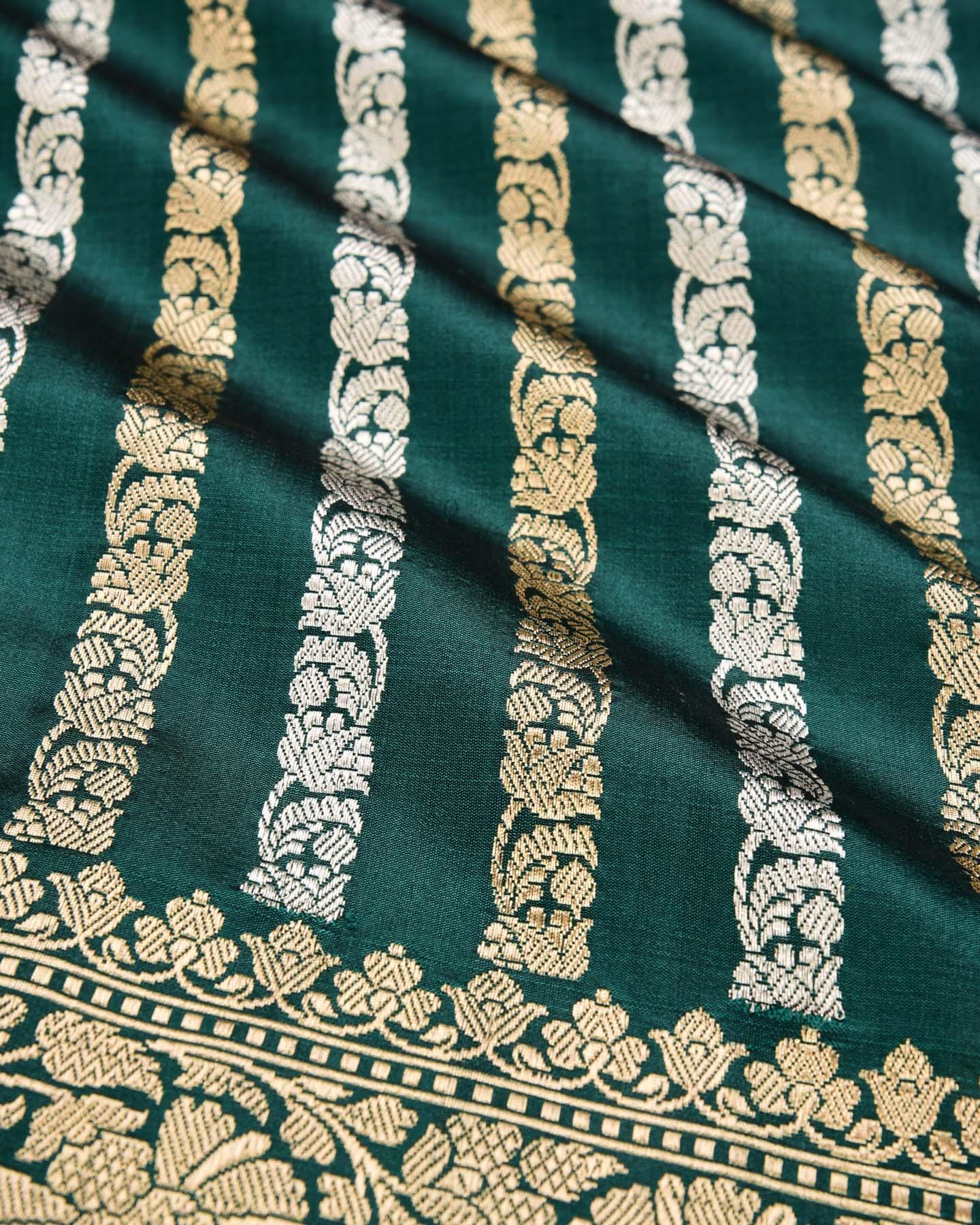 Bottle Green Banarasi Inlaid Stripes Gold and Silver Zari Kadhuan Brocade Handwoven Katan Silk Saree - By HolyWeaves, Benares