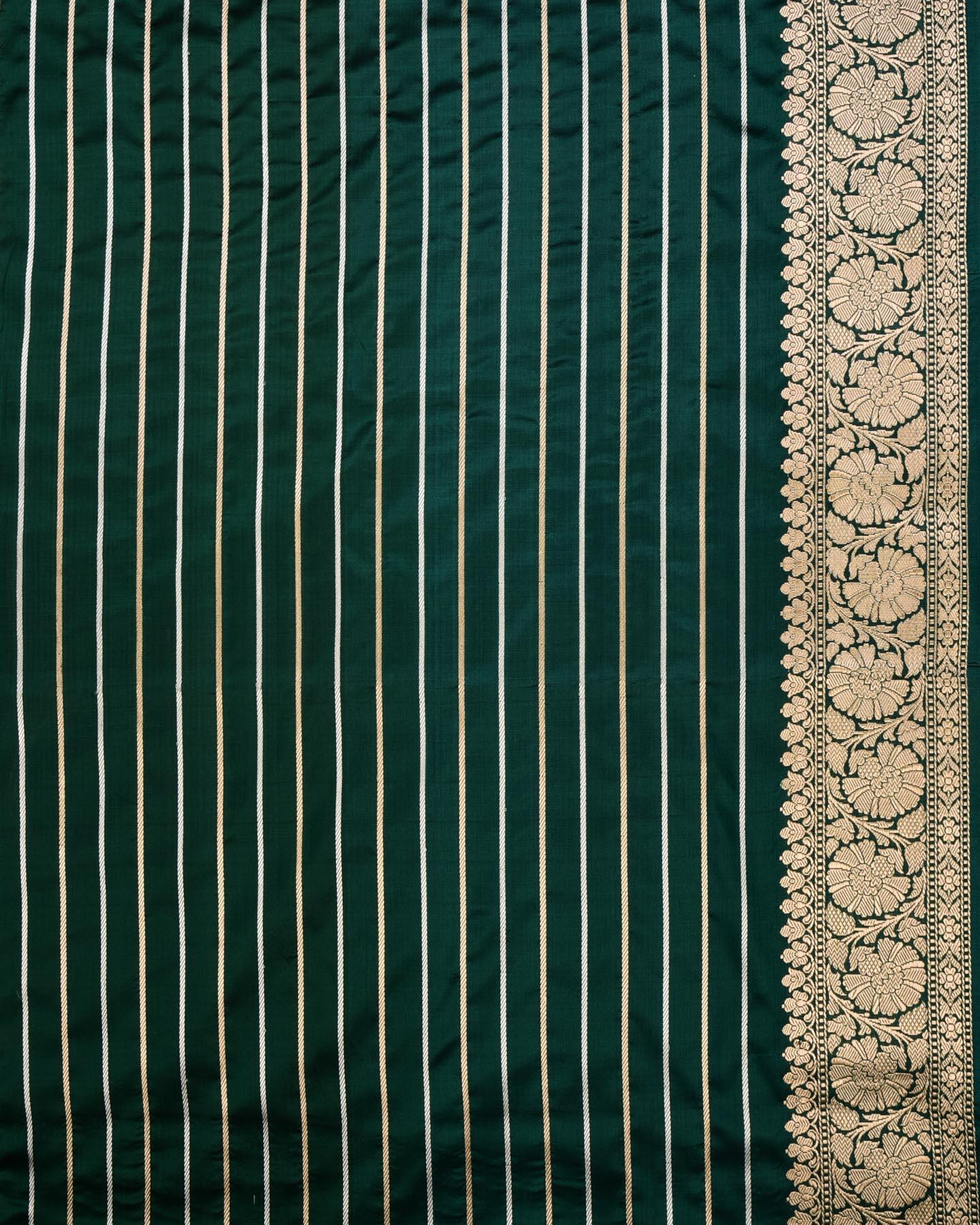 Bottle Green Banarasi Inlaid Stripes Gold and Silver Zari Kadhuan Brocade Handwoven Katan Silk Saree - By HolyWeaves, Benares