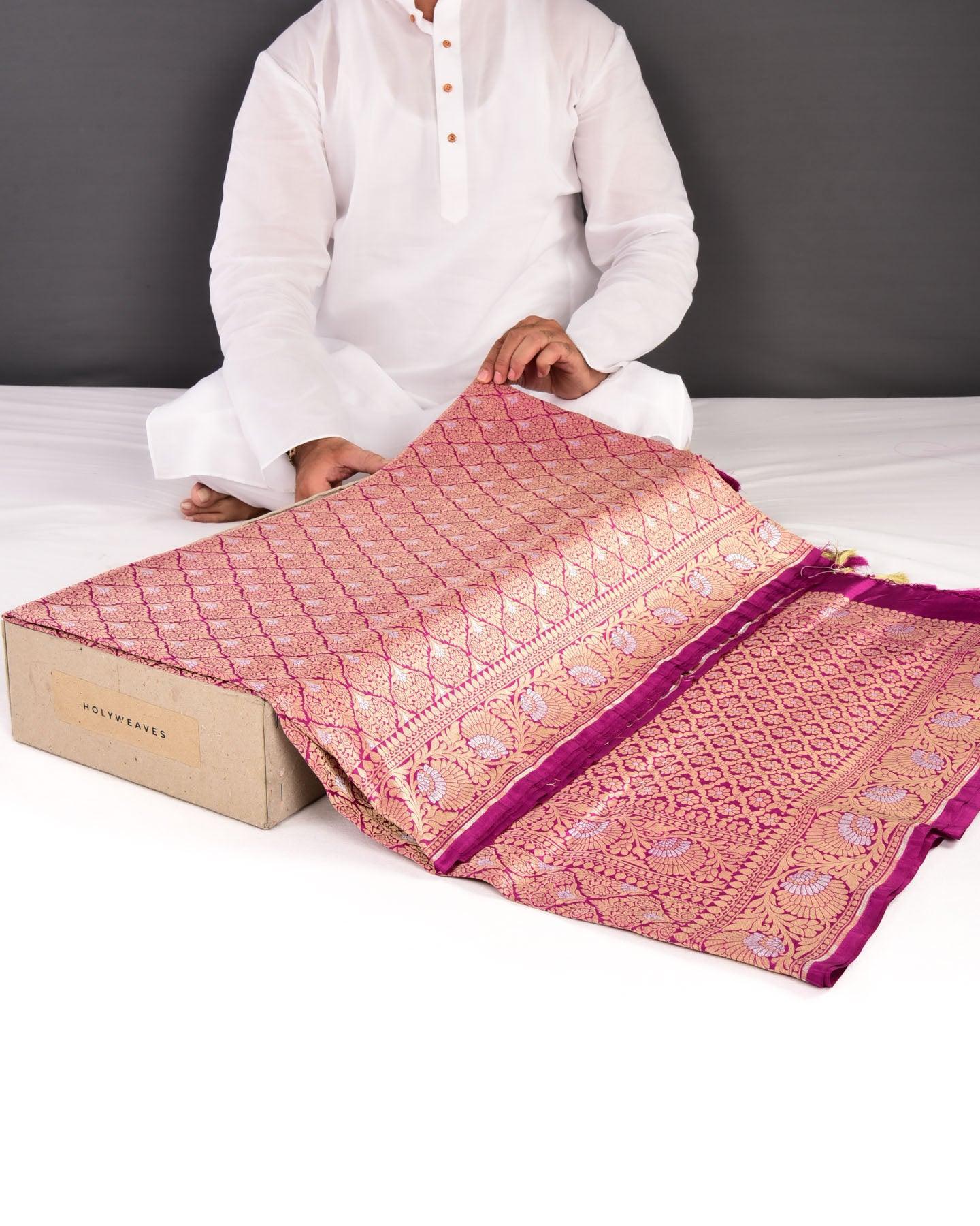 Bridal Magenta Banarasi Damask Sona Rupa Zari Cutwork Brocade Handwoven Katan Silk Saree - By HolyWeaves, Benares