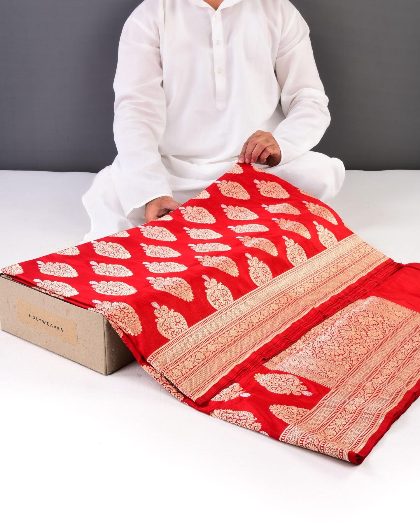 Bridal Red Banarasi Alfi Sona Rupa Buta Cutwork Brocade Handwoven Katan Silk Saree - By HolyWeaves, Benares