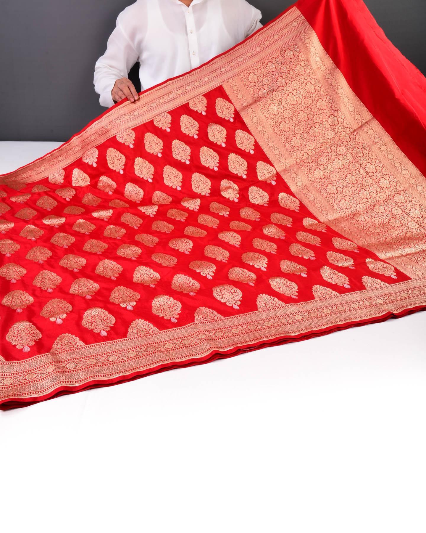 Bridal Red Banarasi Alfi Sona Rupa Buta Cutwork Brocade Handwoven Katan Silk Saree - By HolyWeaves, Benares