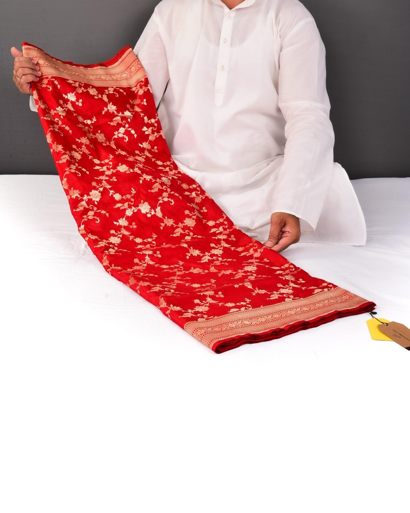 Bridal Red Banarasi Alfi Sona Rupa Jaal Cutwork Brocade Handwoven Katan Silk Saree - By HolyWeaves, Benares