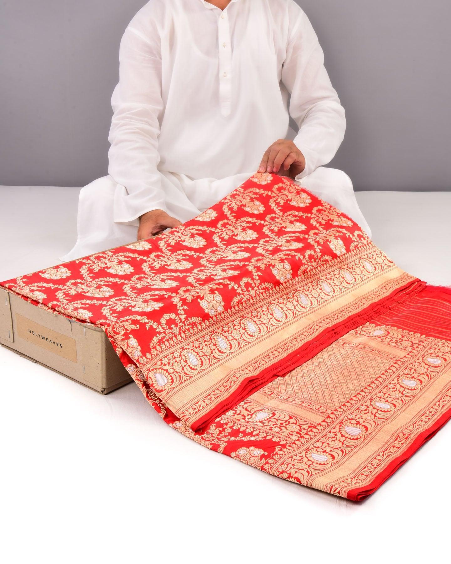 Bridal Red Banarasi Alfi Sona Rupa Kadhuan Jaal Handwoven Katan Silk Saree - By HolyWeaves, Benares