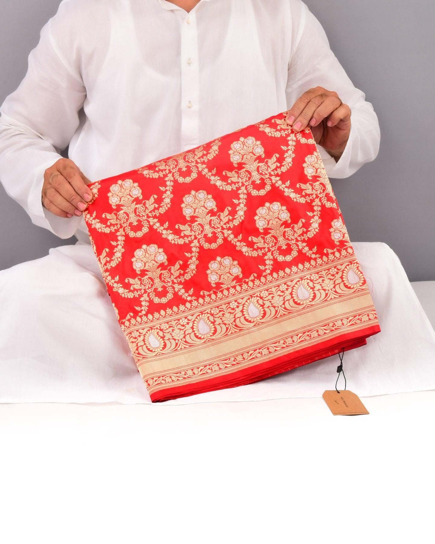 Bridal Red Banarasi Alfi Sona Rupa Kadhuan Jaal Handwoven Katan Silk Saree - By HolyWeaves, Benares