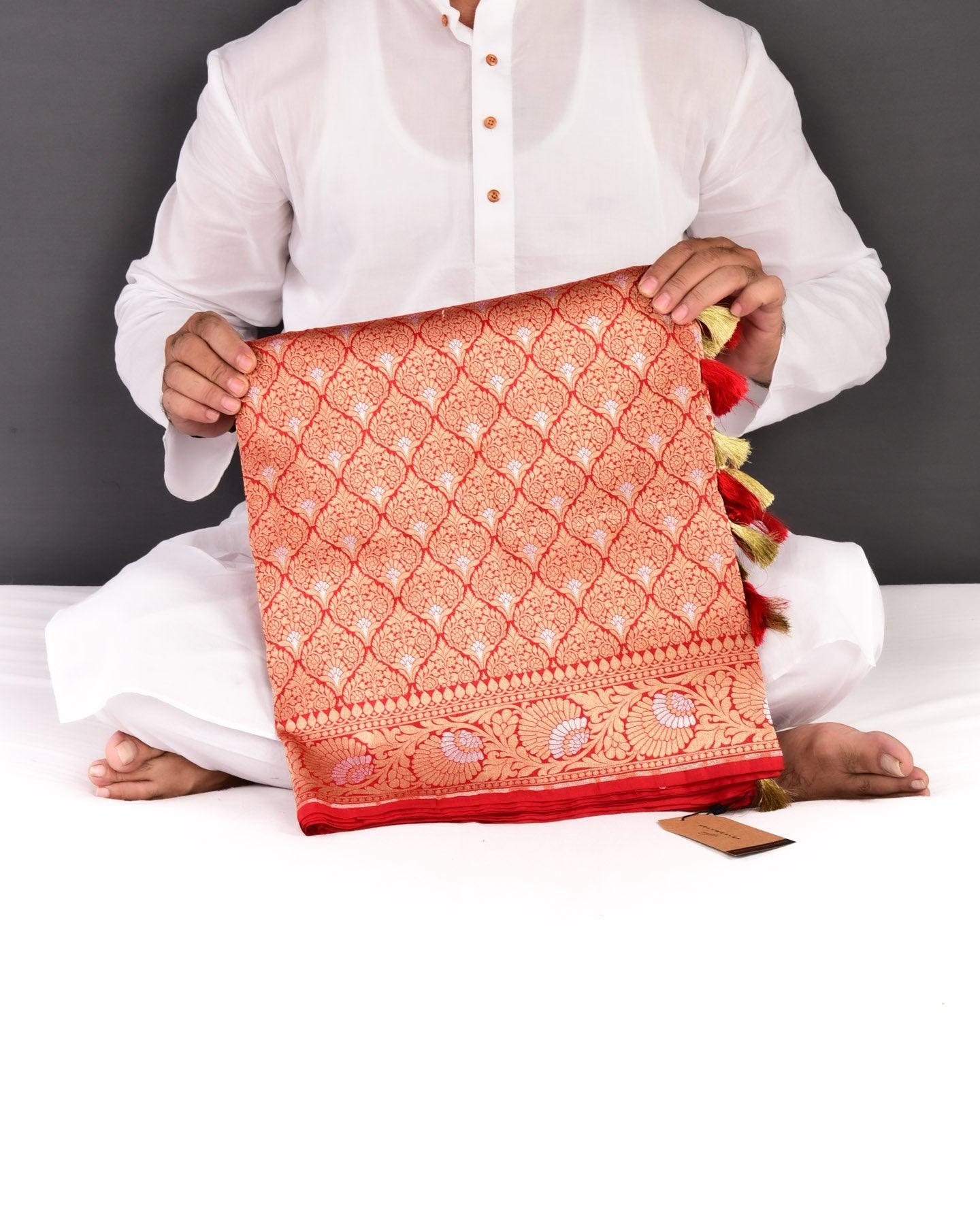 Bridal Red Banarasi Damask Sona Rupa Zari Cutwork Brocade Handwoven Katan Silk Saree - By HolyWeaves, Benares