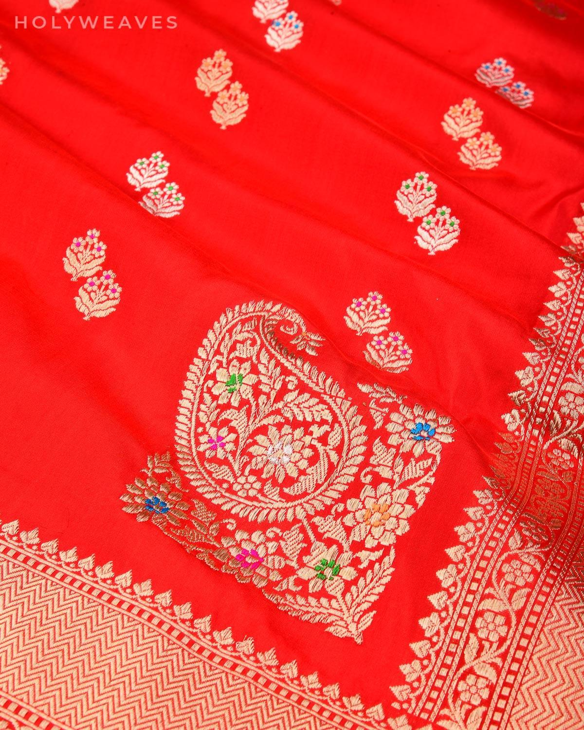 Bridal Red Banarasi Gold & Silver Zari Alfi Meena Duet Buti Kadhuan Brocade Handwoven Katan Silk Saree with Meenekari Koniya Buta - By HolyWeaves, Benares