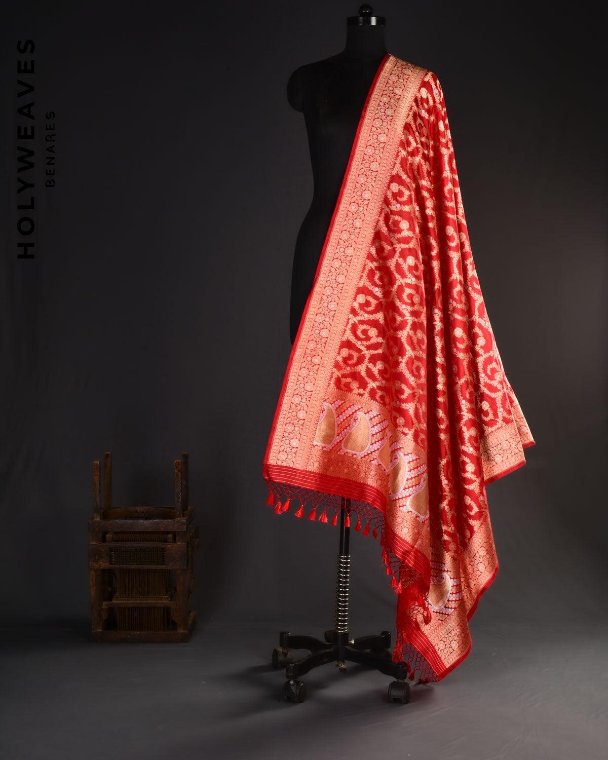 Bridal Red Banarasi Floral Jaal Alfi Sona-Rupa Zari Cutwork Brocade Handwoven Katan Silk Dupatta - By HolyWeaves, Benares
