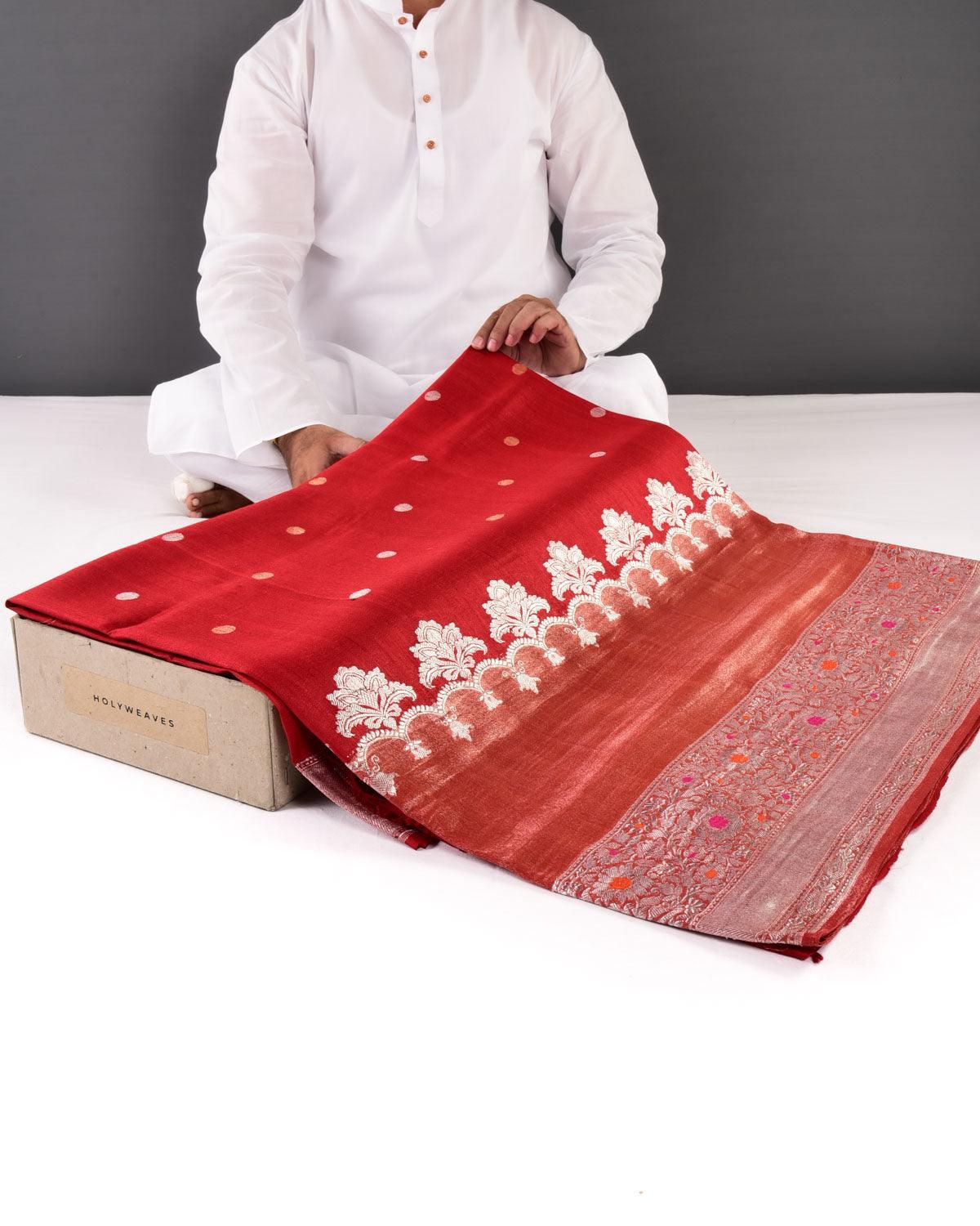 Bridal Red Banarasi Gold & Silver Ashrafi Buti Kadhuan Brocade Handwoven Tasar Georgette Saree - By HolyWeaves, Benares