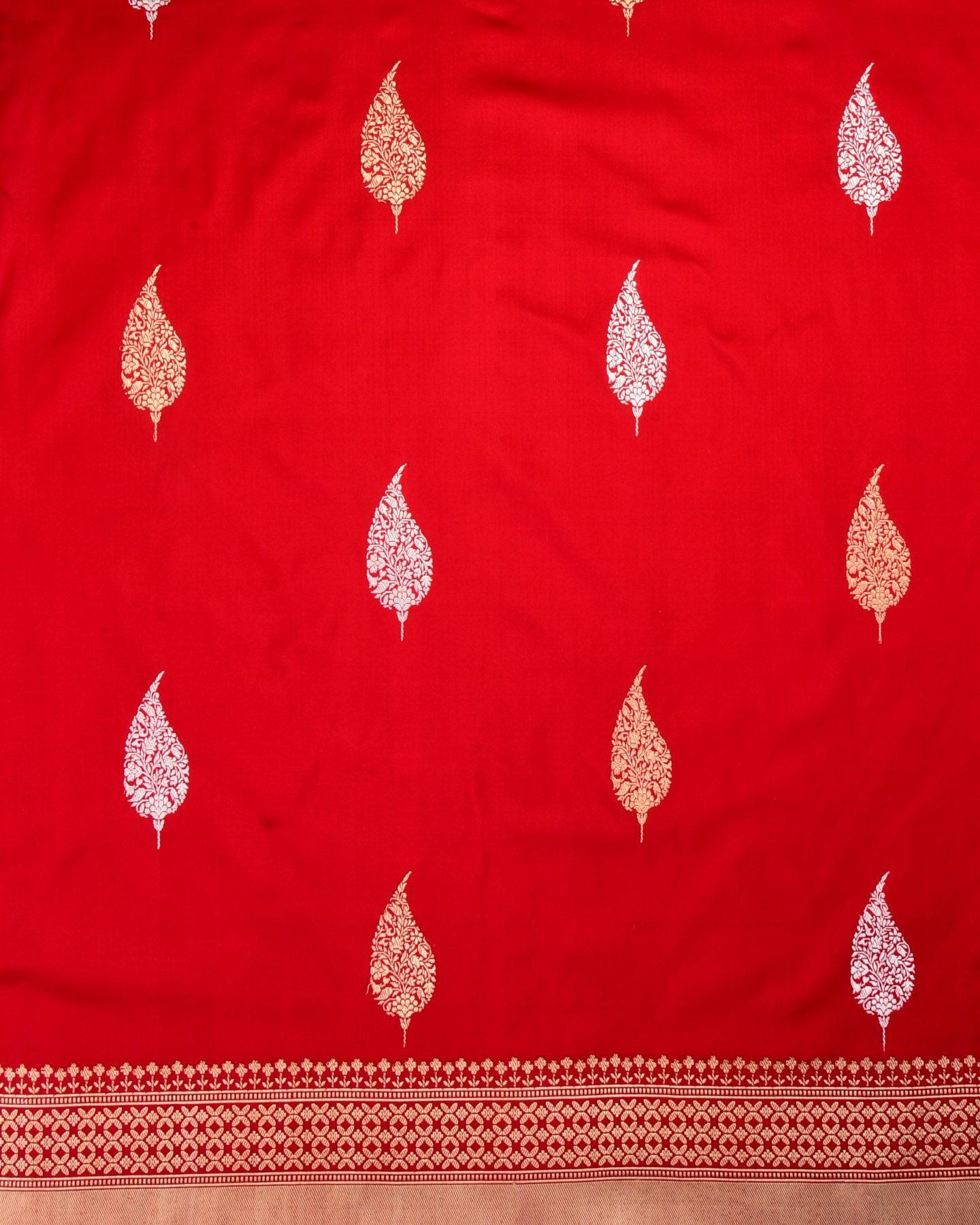 Bridal Red Banarasi Gold & Silver Buti Kadhuan Brocade Handwoven Katan Silk Saree - By HolyWeaves, Benares