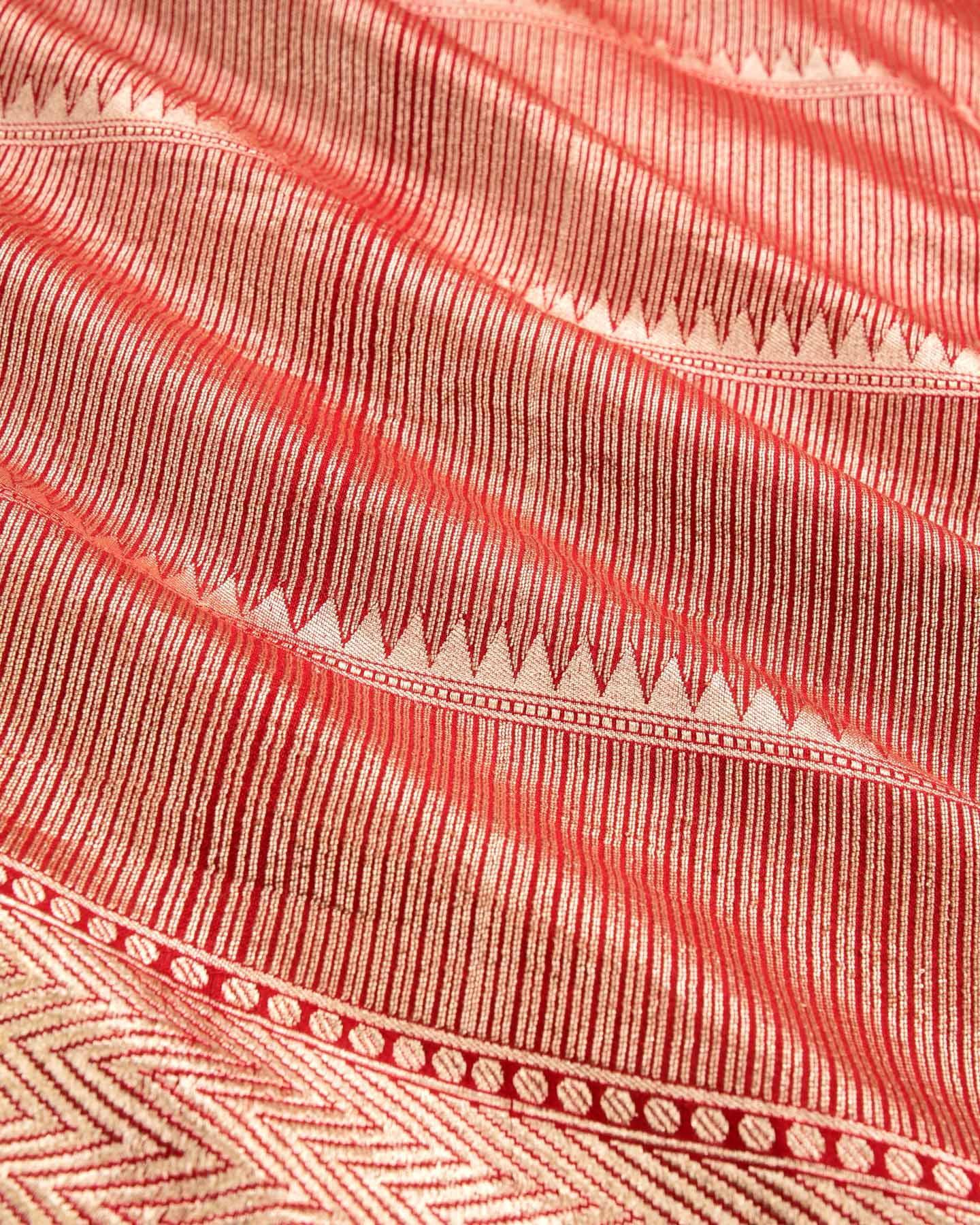 Bridal Red Banarasi Gold Zari Bunting Stripes Brocade Handwoven Tasar Georgette Saree - By HolyWeaves, Benares