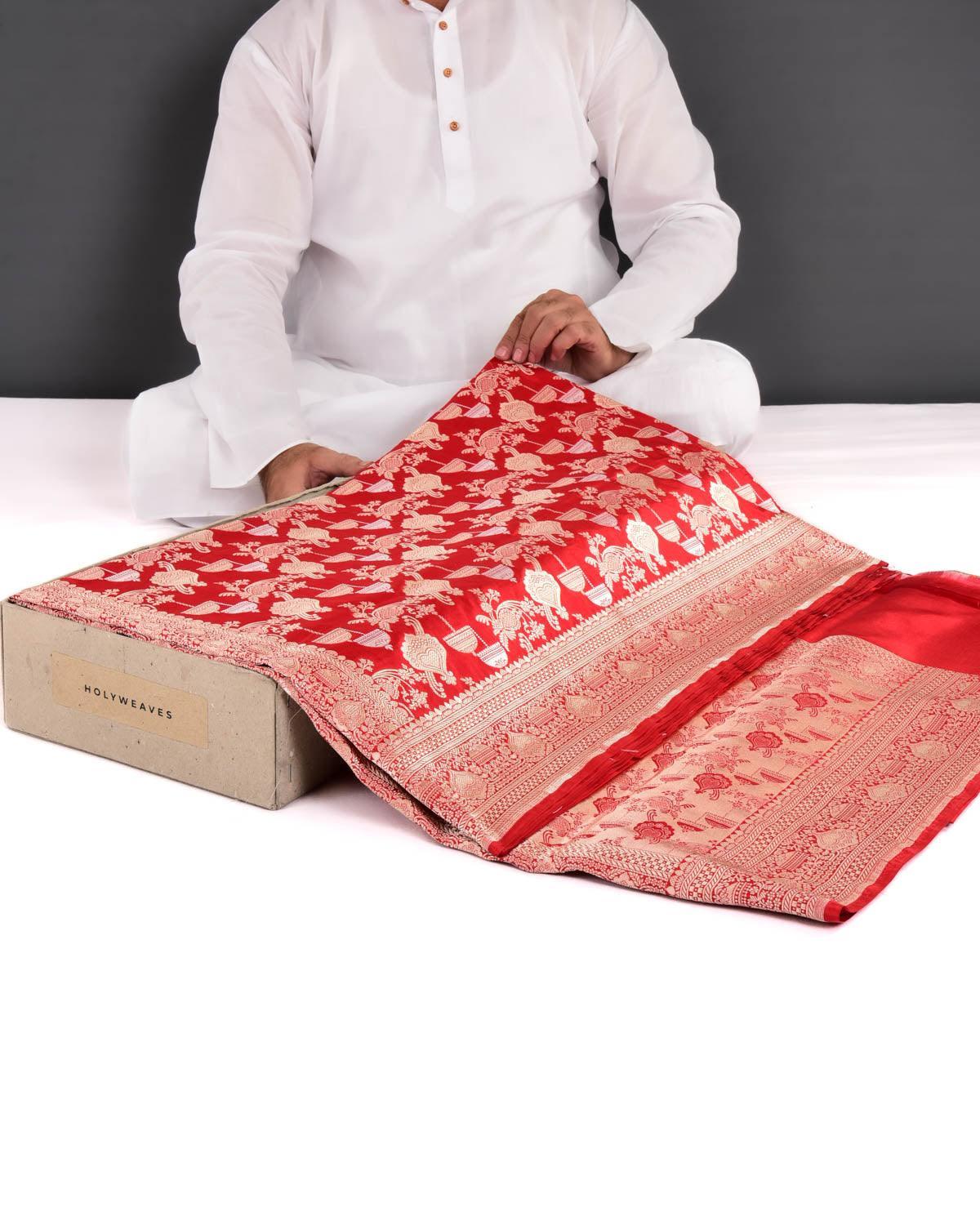 Bridal Red Banarasi Gold Zari Jaal Cutwork Brocade Handwoven Katan Silk Saree - By HolyWeaves, Benares