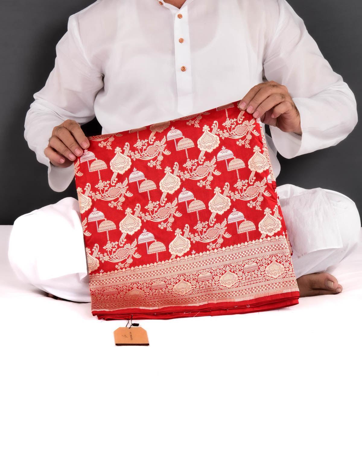Bridal Red Banarasi Gold Zari Jaal Cutwork Brocade Handwoven Katan Silk Saree - By HolyWeaves, Benares