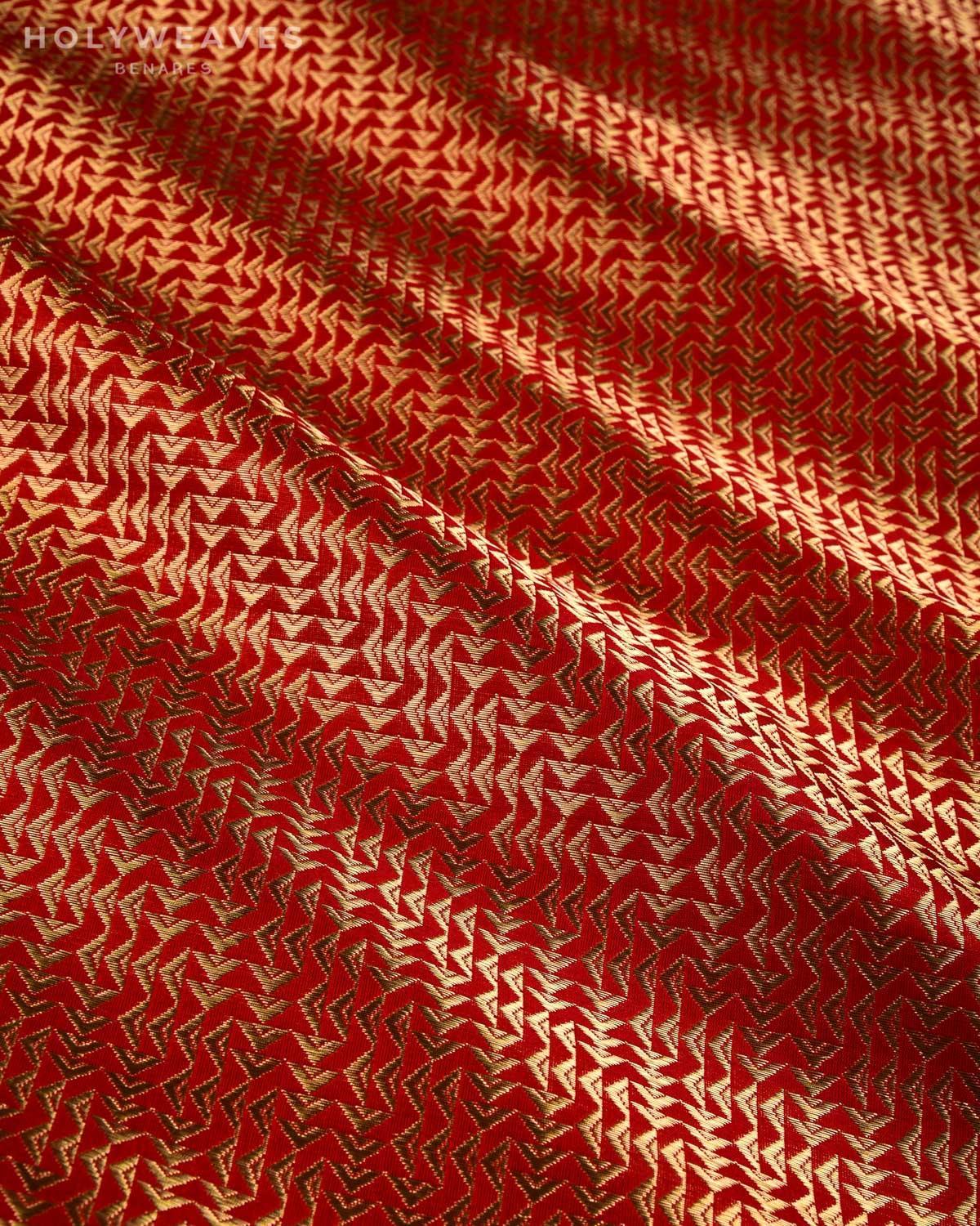 Bridal Red Banarasi Gold Zari Labyrinth Triangles Brocade Handwoven Katan Silk Fabric - By HolyWeaves, Benares