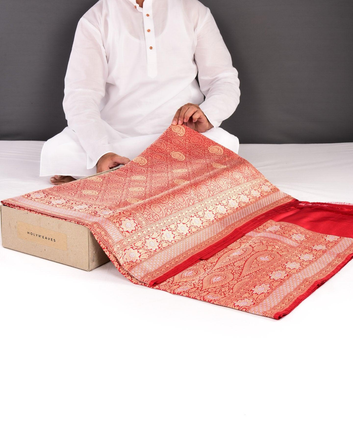 Bridal Red Banarasi Kairi Buta Jaal Sona Rupa Zari Kadhuan Brocade Handwoven Katan Silk Saree - By HolyWeaves, Benares