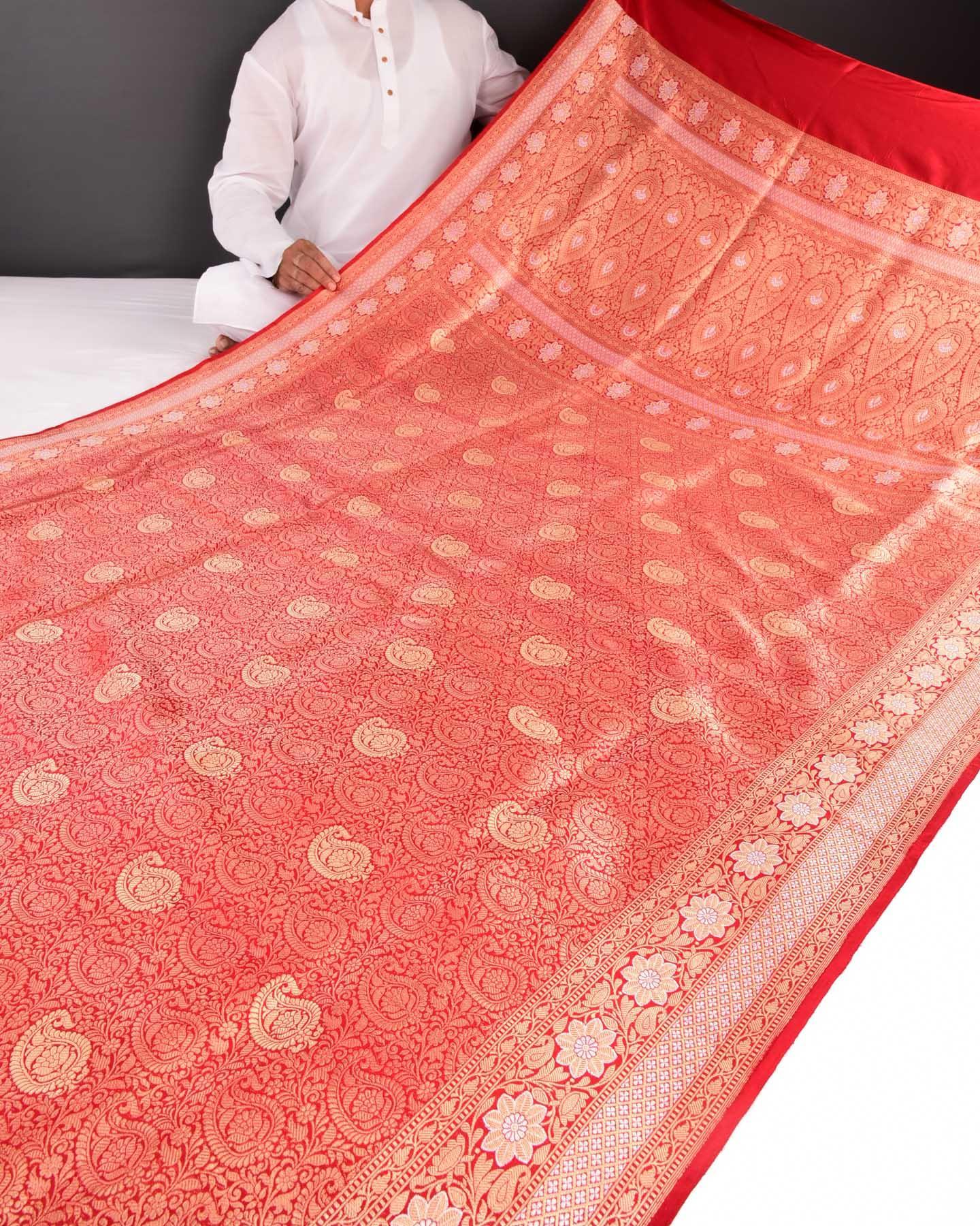 Bridal Red Banarasi Kairi Buta Jaal Sona Rupa Zari Kadhuan Brocade Handwoven Katan Silk Saree - By HolyWeaves, Benares