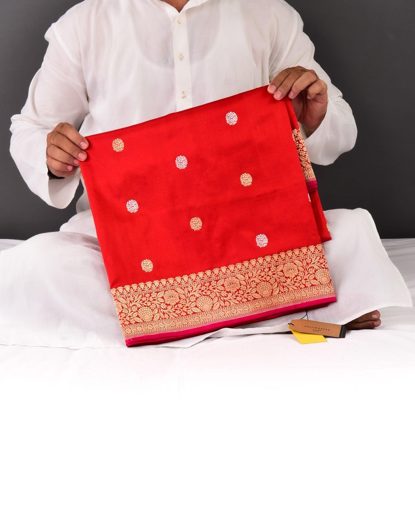Bridal Red Banarasi Sona-Rupa Buti Kadhuan Brocade Handwoven Katan Silk Saree - By HolyWeaves, Benares