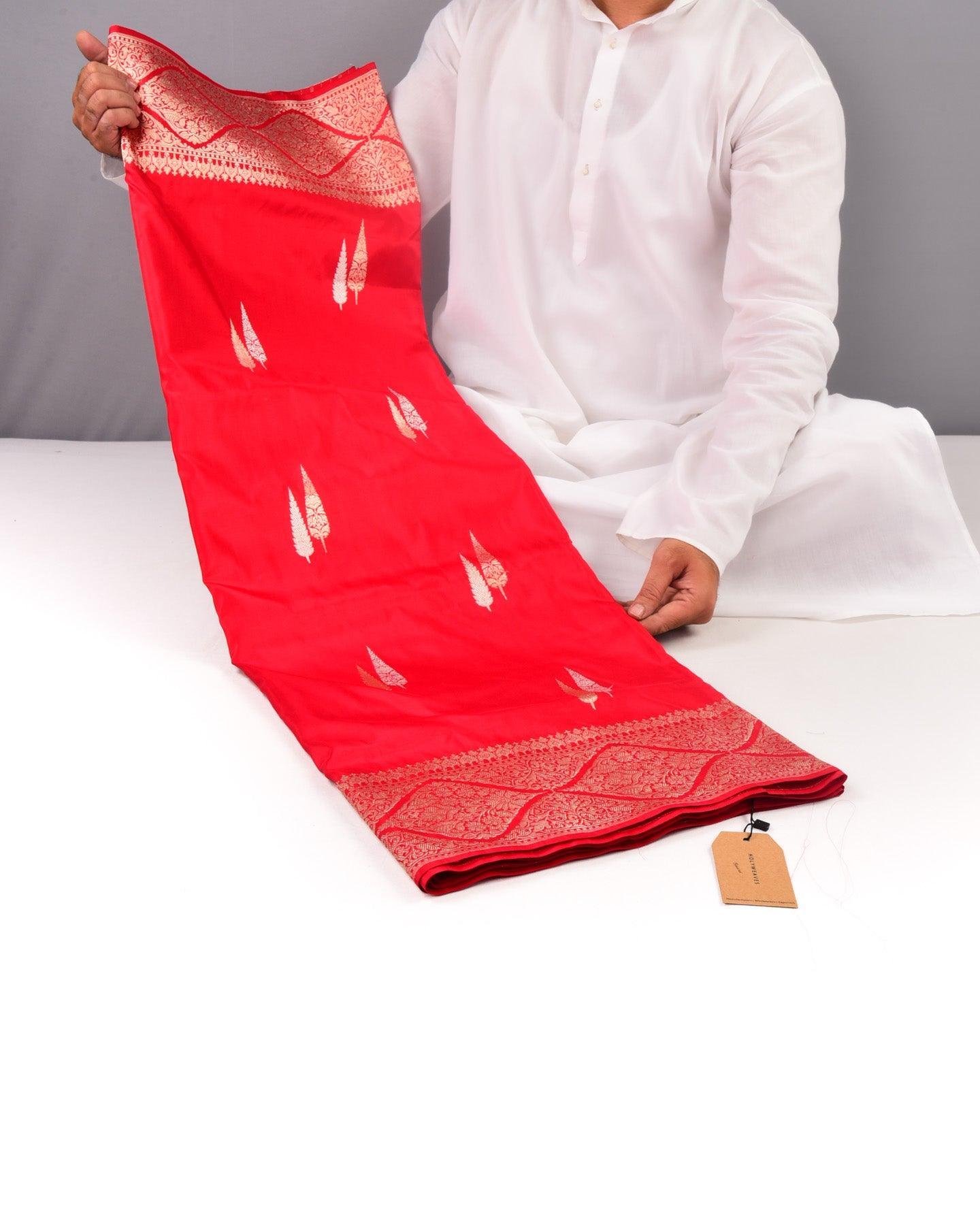 Bridal Red Banarasi Sona-Rupa Deodara Buti Kadhuan Brocade Handwoven Katan Silk Saree - By HolyWeaves, Benares
