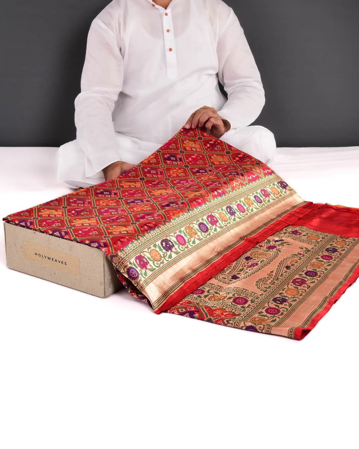 Bridal Red Banarasi Tehra Patola Cutwork Brocade Handwoven Katan Silk Saree - By HolyWeaves, Benares