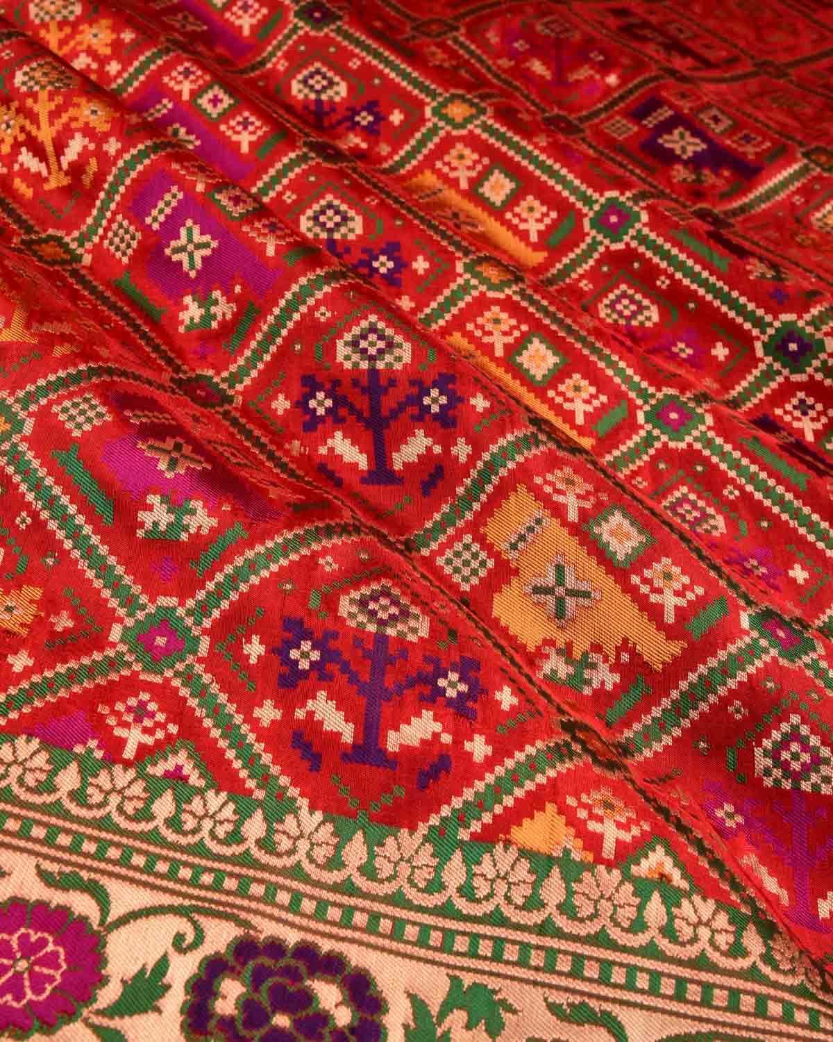Bridal Red Banarasi Tehra Patola Cutwork Brocade Handwoven Katan Silk Saree - By HolyWeaves, Benares