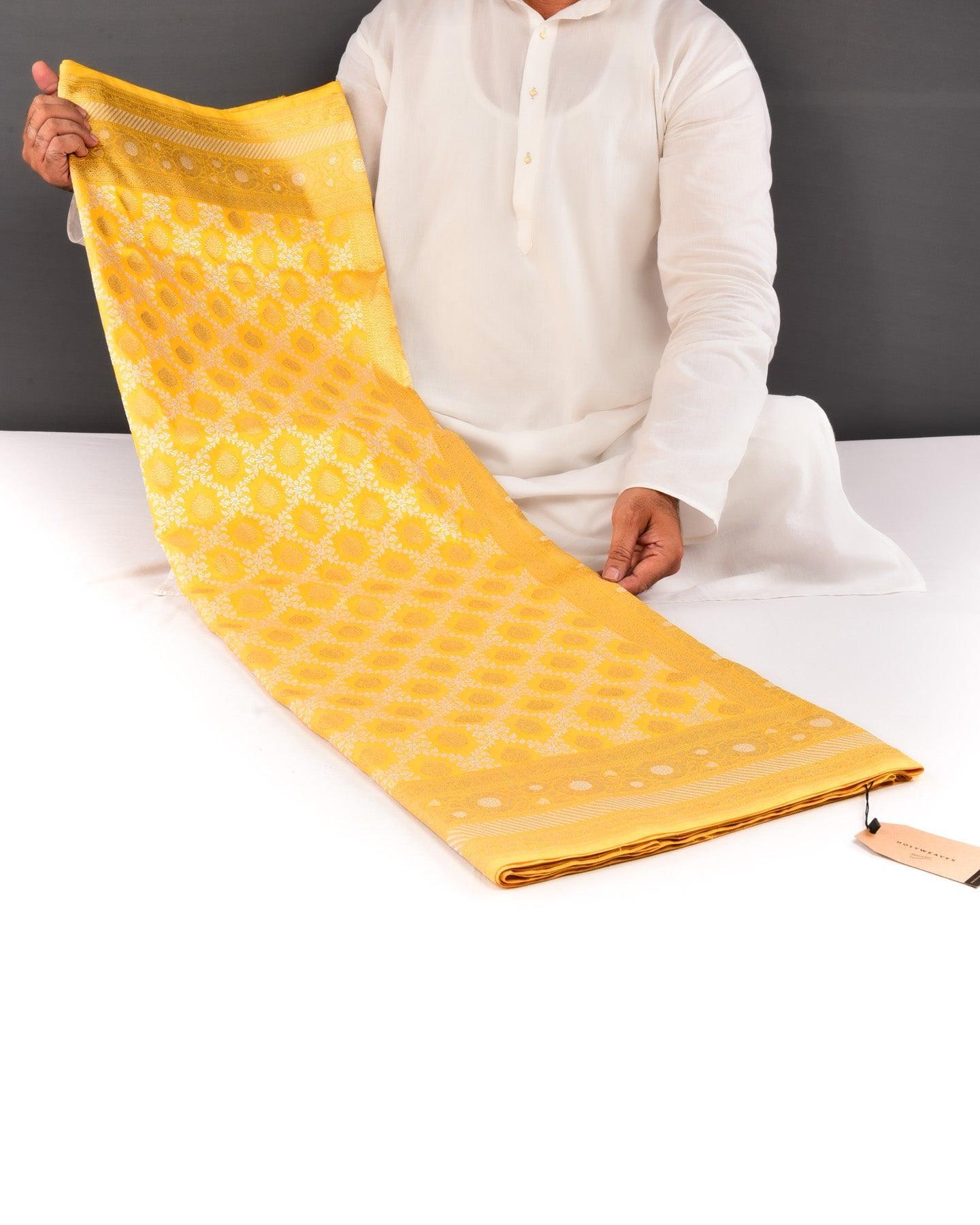 Bridal Yellow Banarasi Traditional Jangla Buti Alfi Sona Rupa Kadhuan Brocade Handwoven Katan Silk Saree - By HolyWeaves, Benares