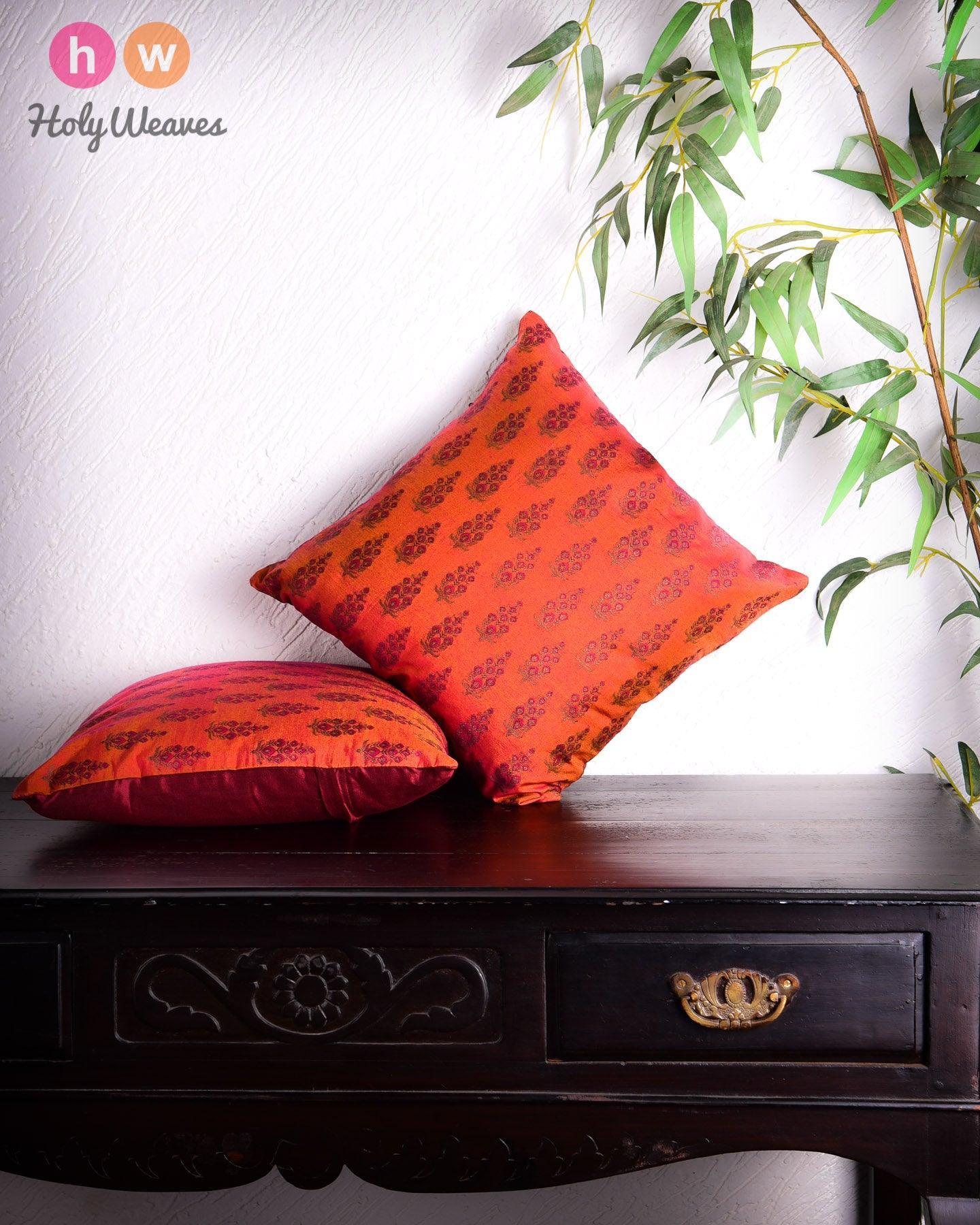 Bronze Banarasi Handloom Meena Buti Cotton Silk Cushion Cover 16" - By HolyWeaves, Benares