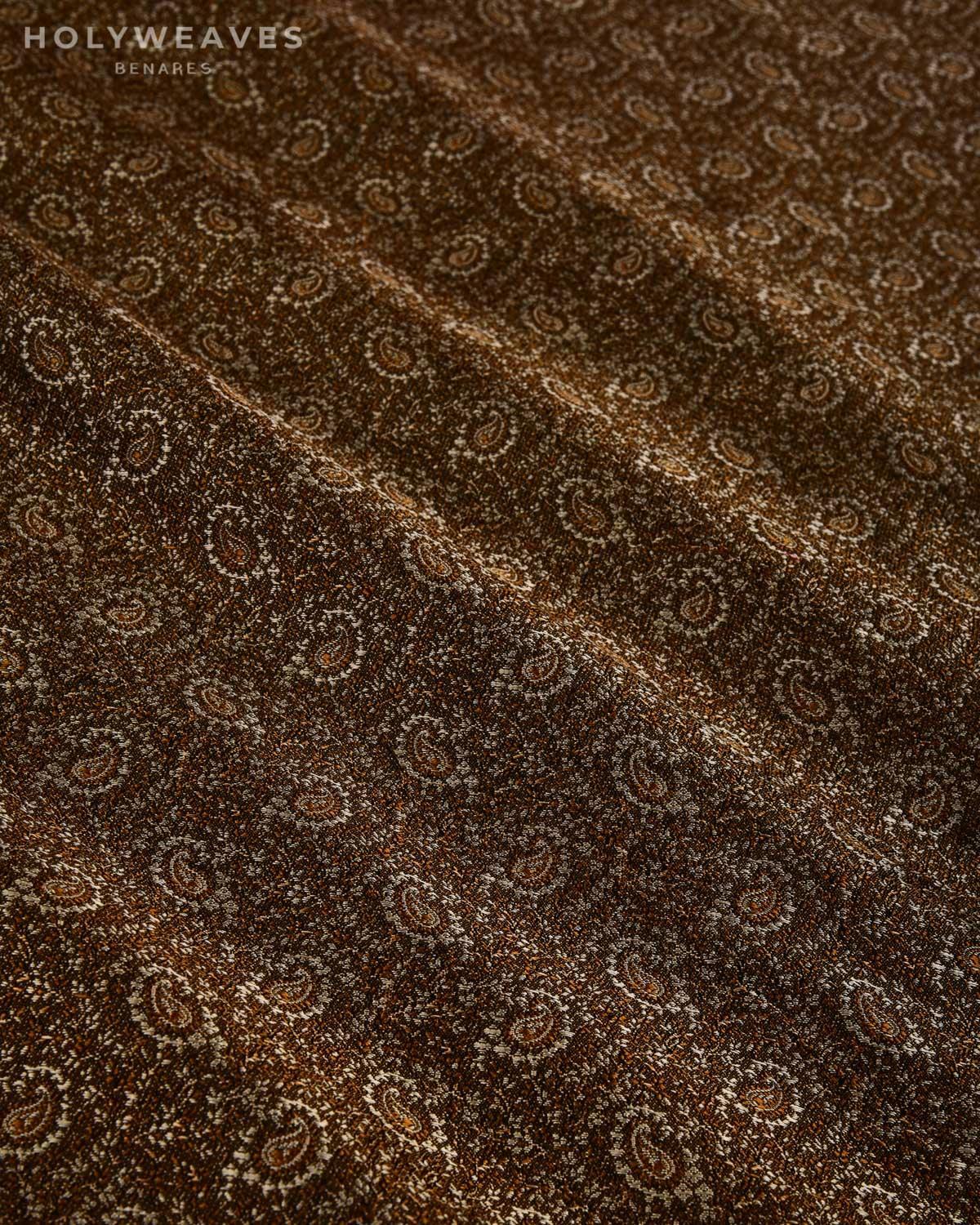 Brown Banarasi Alfi Paisley Jamawar Handwoven Katan Silk Fabric - By HolyWeaves, Benares