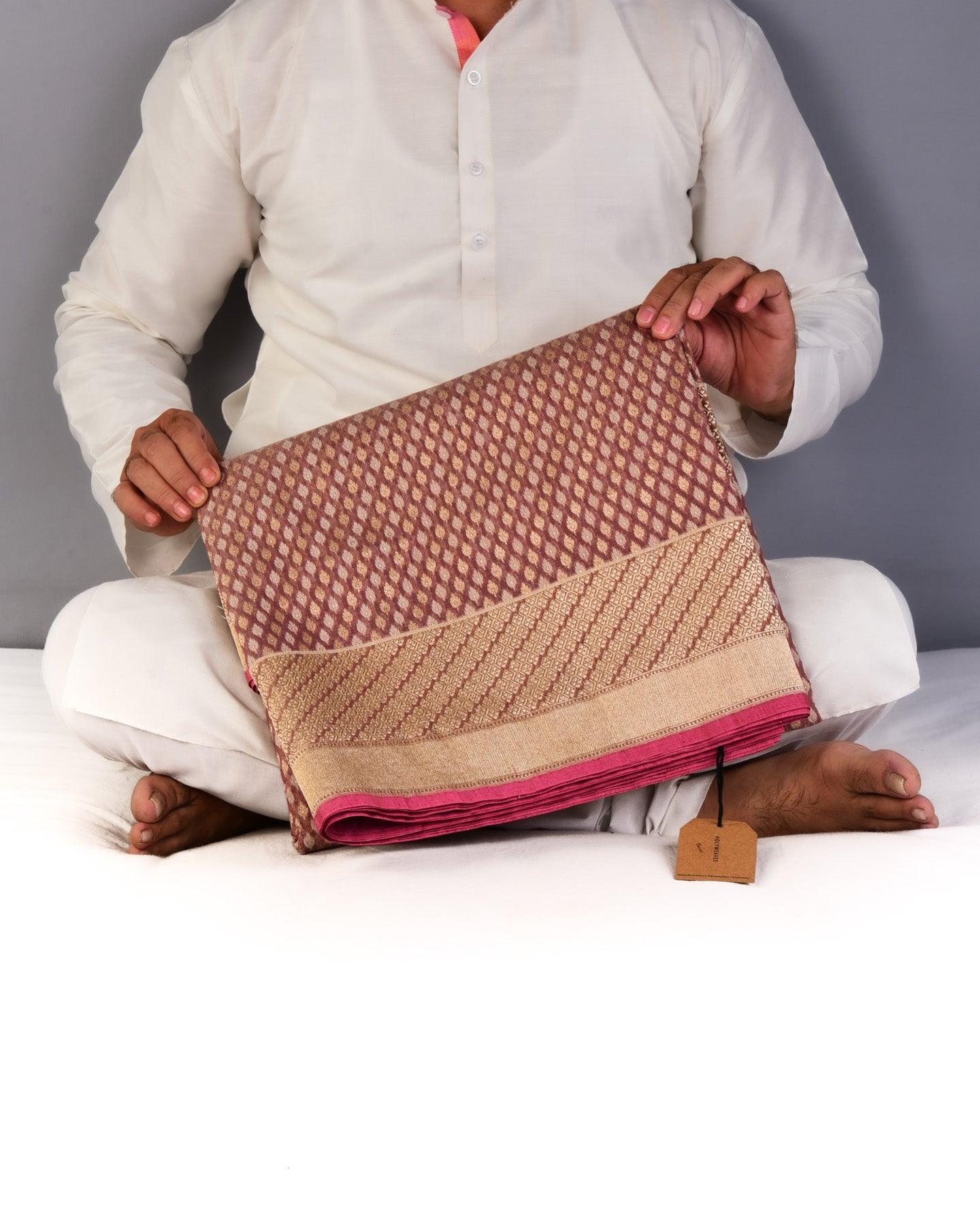 Brown Banarasi Ghani Gold & Cream Buti Cutwork Brocade Handwoven Cotton Silk Saree - By HolyWeaves, Benares