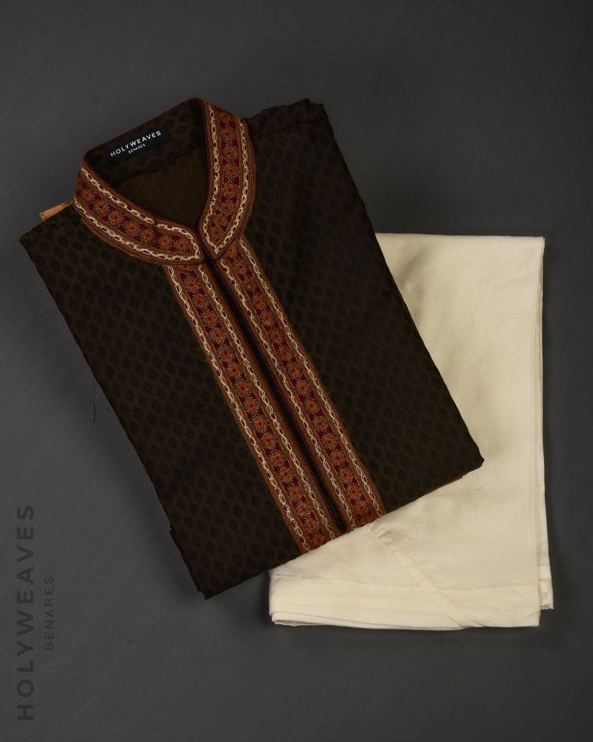 Brown Banarasi Hand-embroidered Cotton Silk Mens Kurta Pyjama - By HolyWeaves, Benares