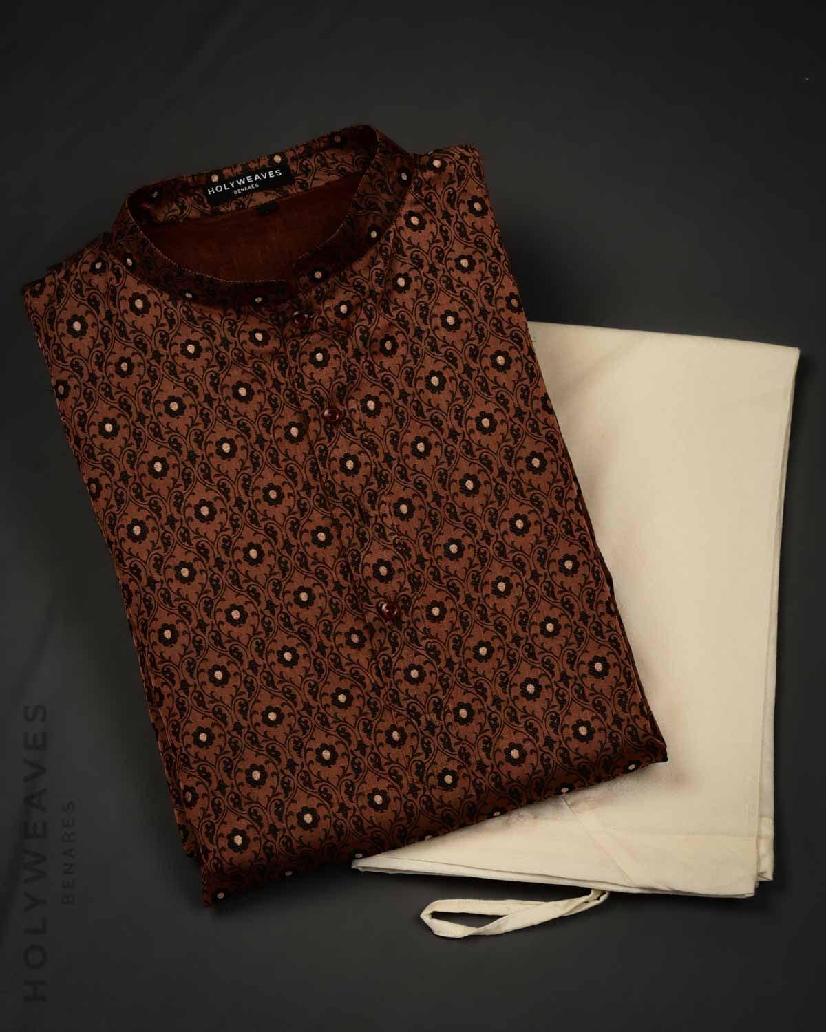 Brown Banarasi Tanchoi Brocade Handwoven Katan Silk Mens Kurta Pyjama with Cotton Lining - By HolyWeaves, Benares