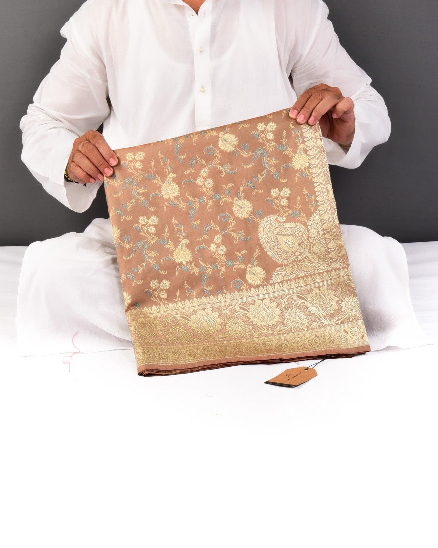 Brown Banarasi Tehri Resham Meena and Gold Zari Maheen Jaal Satin Tanchoi Brocade Woven Art Silk Saree with Koniya Buta - By HolyWeaves, Benares