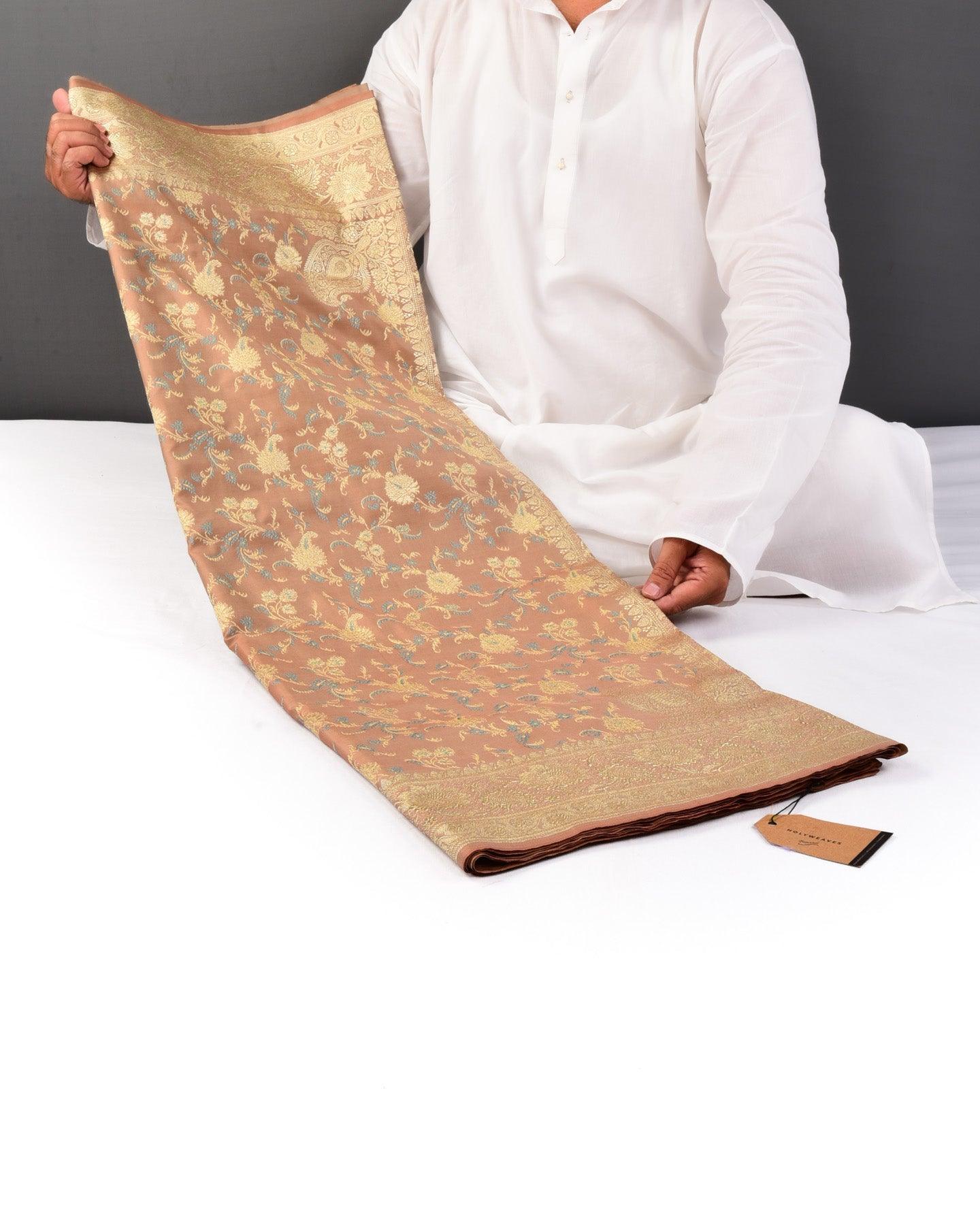 Brown Banarasi Tehri Resham Meena and Gold Zari Maheen Jaal Satin Tanchoi Brocade Woven Art Silk Saree with Koniya Buta - By HolyWeaves, Benares
