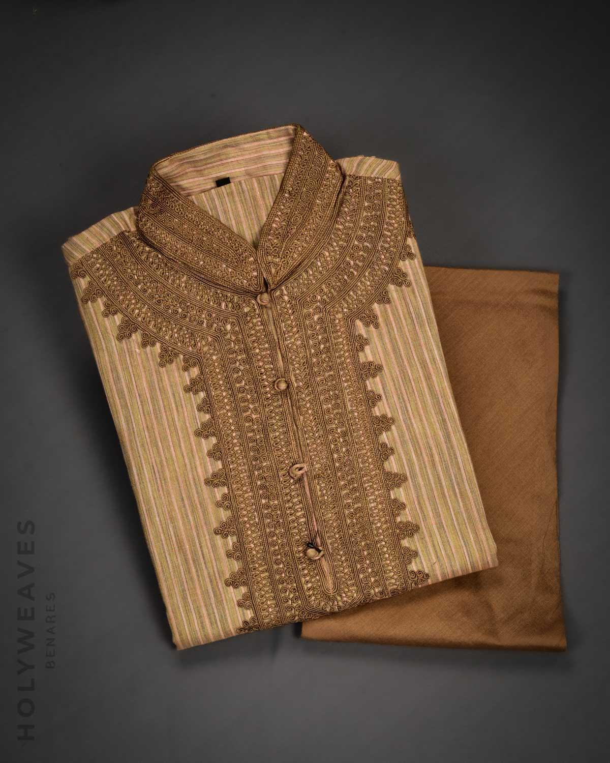 Brown Embroidered Cotton Silk Mens Kurta Pyjama - By HolyWeaves, Benares
