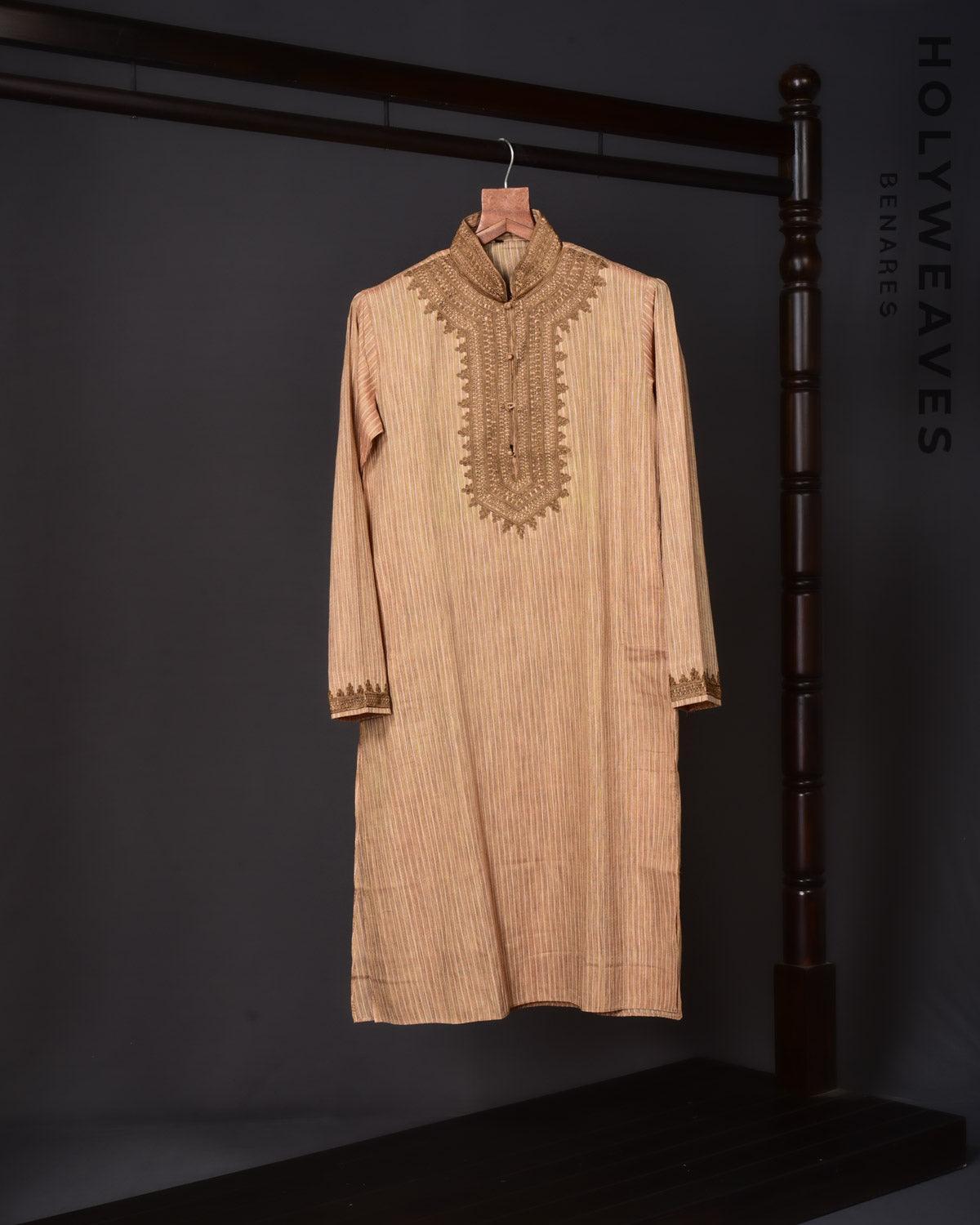 Brown Embroidered Cotton Silk Mens Kurta Pyjama - By HolyWeaves, Benares