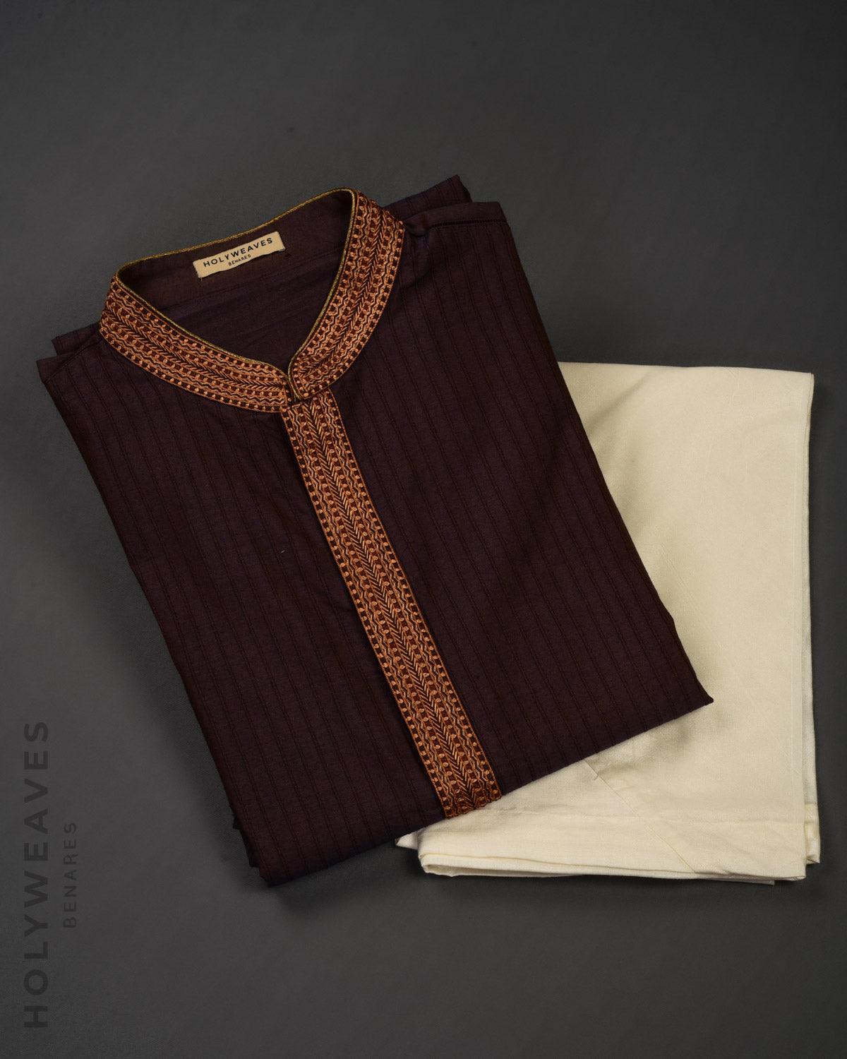 Brown Hand-embroidered Cotton Silk Mens Kurta Pyjama - By HolyWeaves, Benares