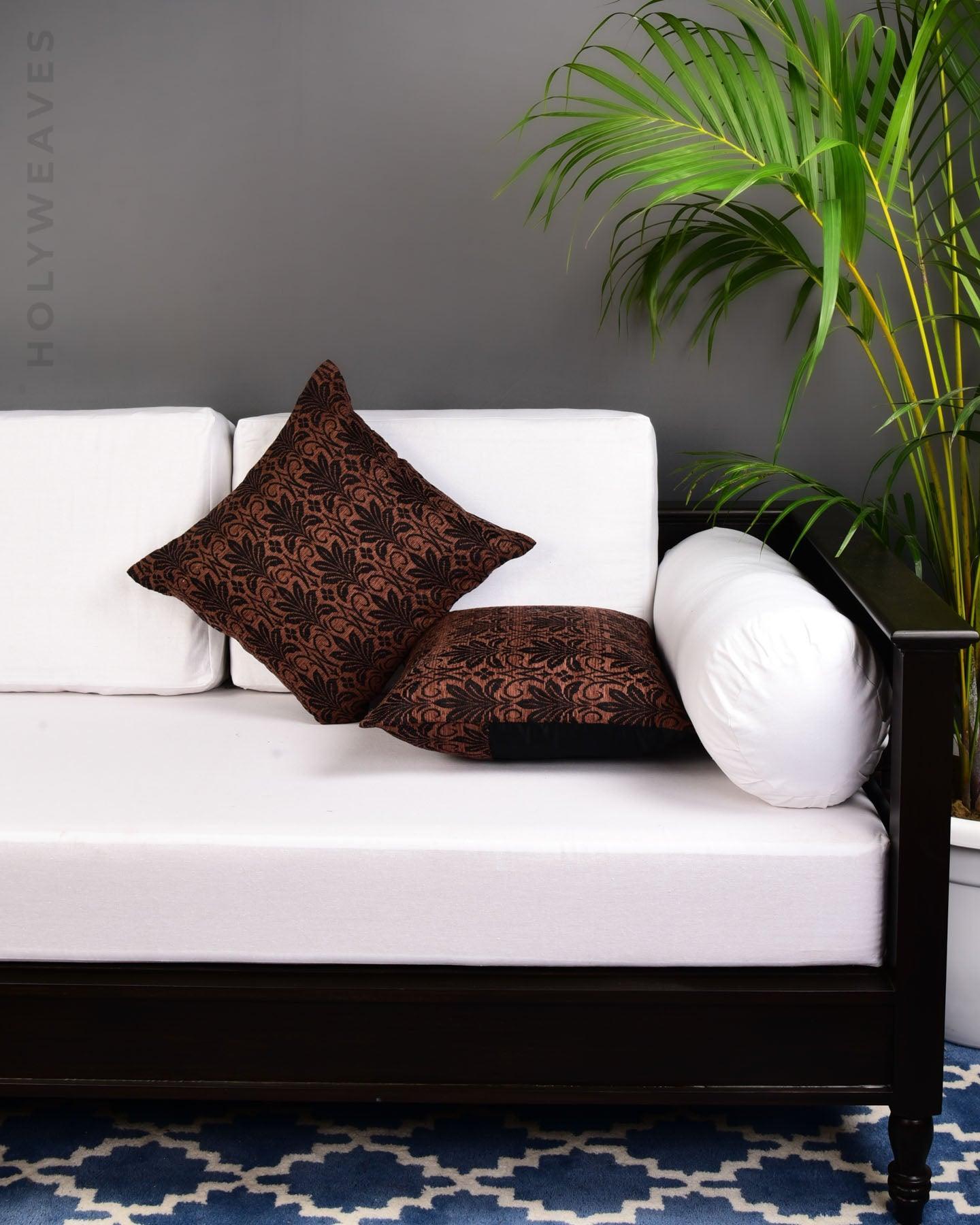 Brown Jacquard Woven Chenille Cushion Cover with Satin Back 16" - By HolyWeaves, Benares