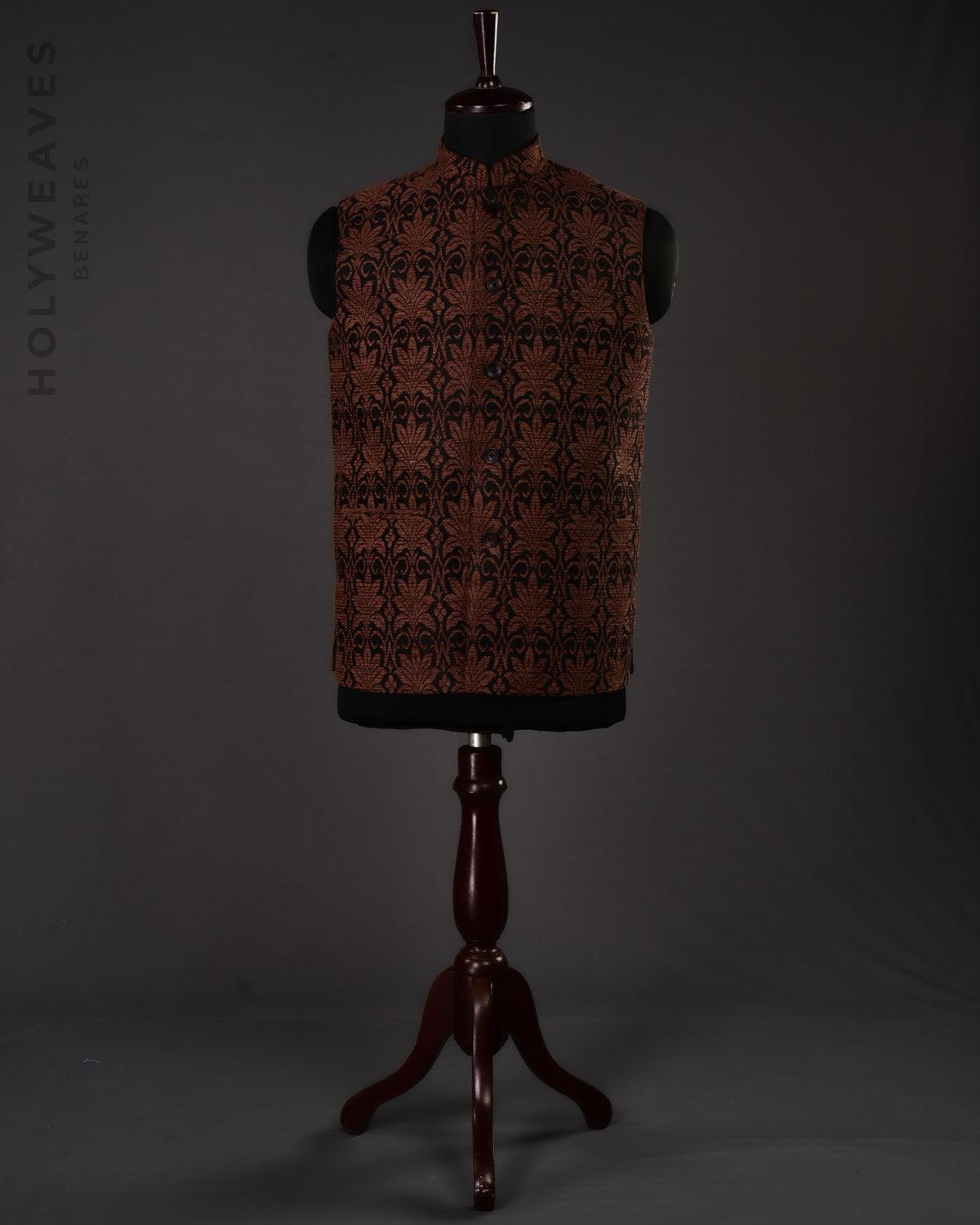 Brown on Black Banarasi Brocade Handwoven Chenille Mens Modi Jacket - By HolyWeaves, Benares