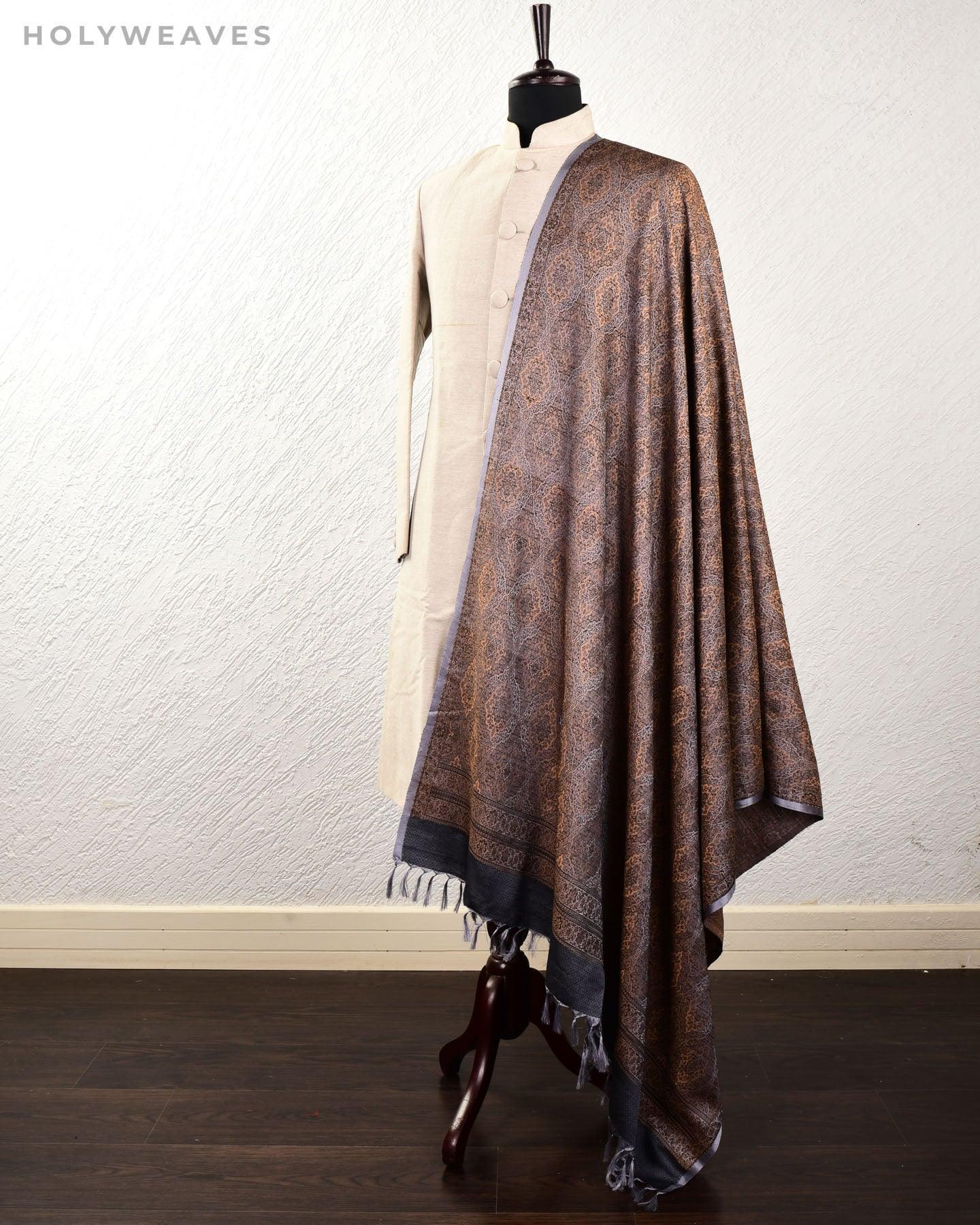Brown On Gray Banarasi Alfi Damask Jamawar Handwoven Silk-wool Shawl - By HolyWeaves, Benares