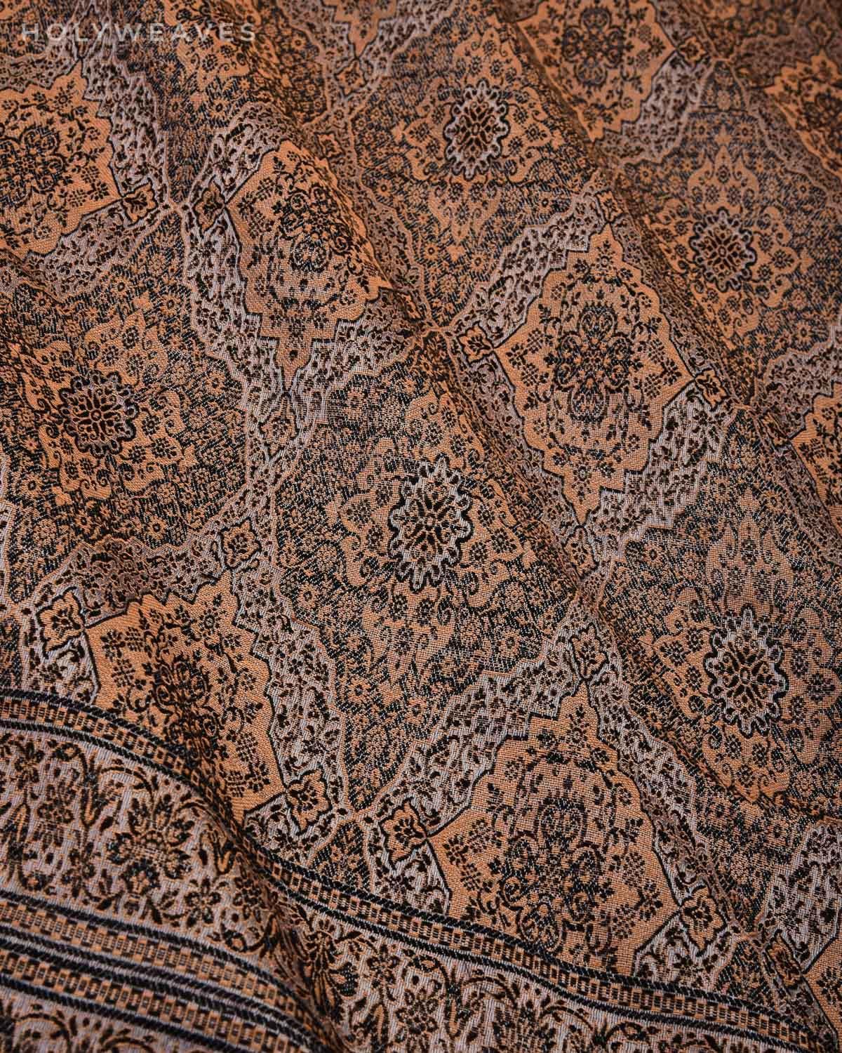 Brown On Gray Banarasi Alfi Damask Jamawar Handwoven Silk-wool Shawl - By HolyWeaves, Benares