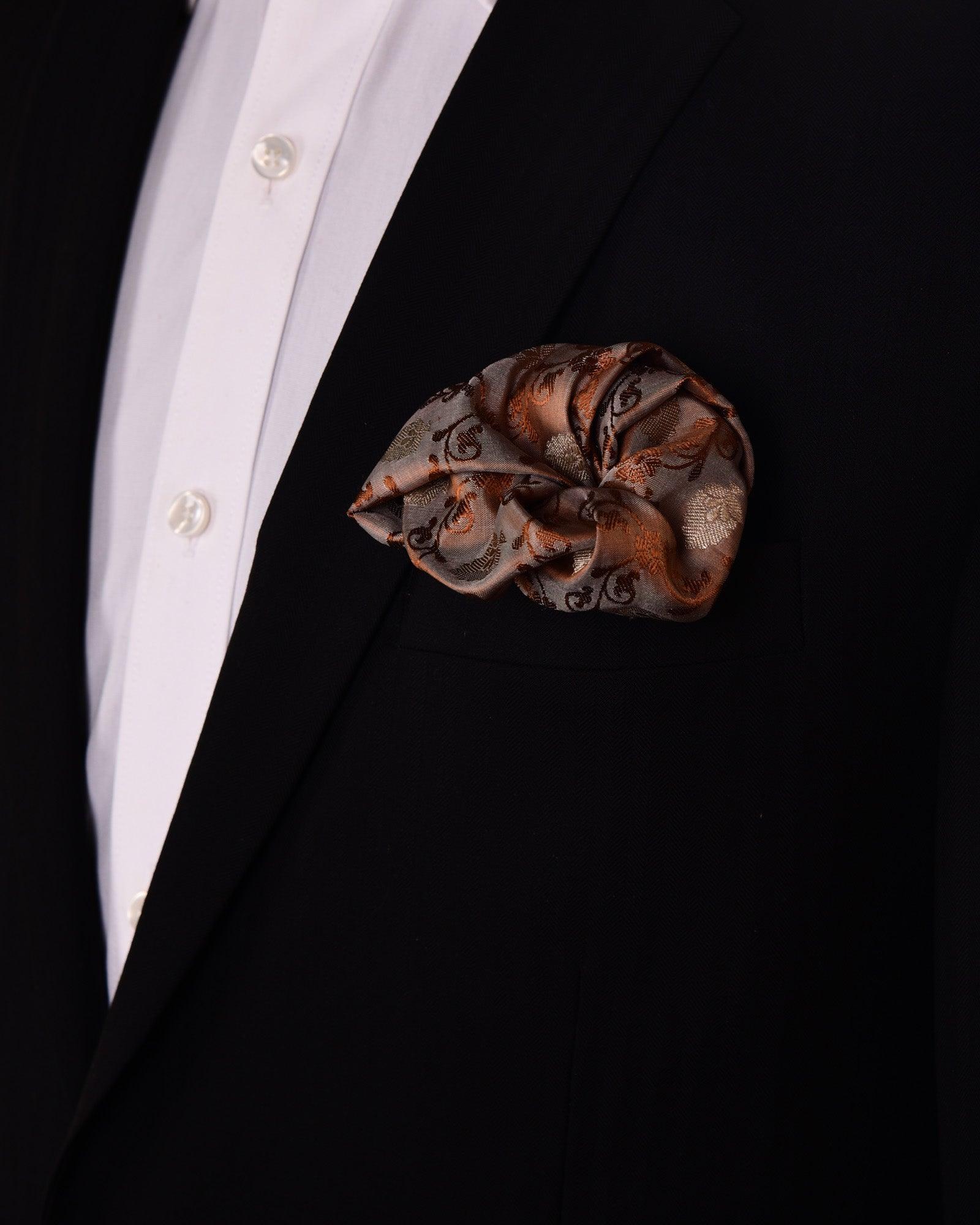 Brown Tanchoi Brocade with Gold & Copper Zari Accents Handwoven Pure Silk Pocket Square For Men - By HolyWeaves, Benares