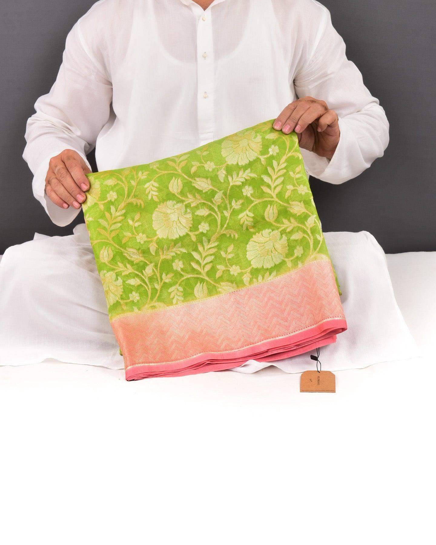 Bud Green Banarasi Overdyed Alfi Sona Rupa Jaal Cutwork Brocade Handwoven Kora Silk Saree - By HolyWeaves, Benares