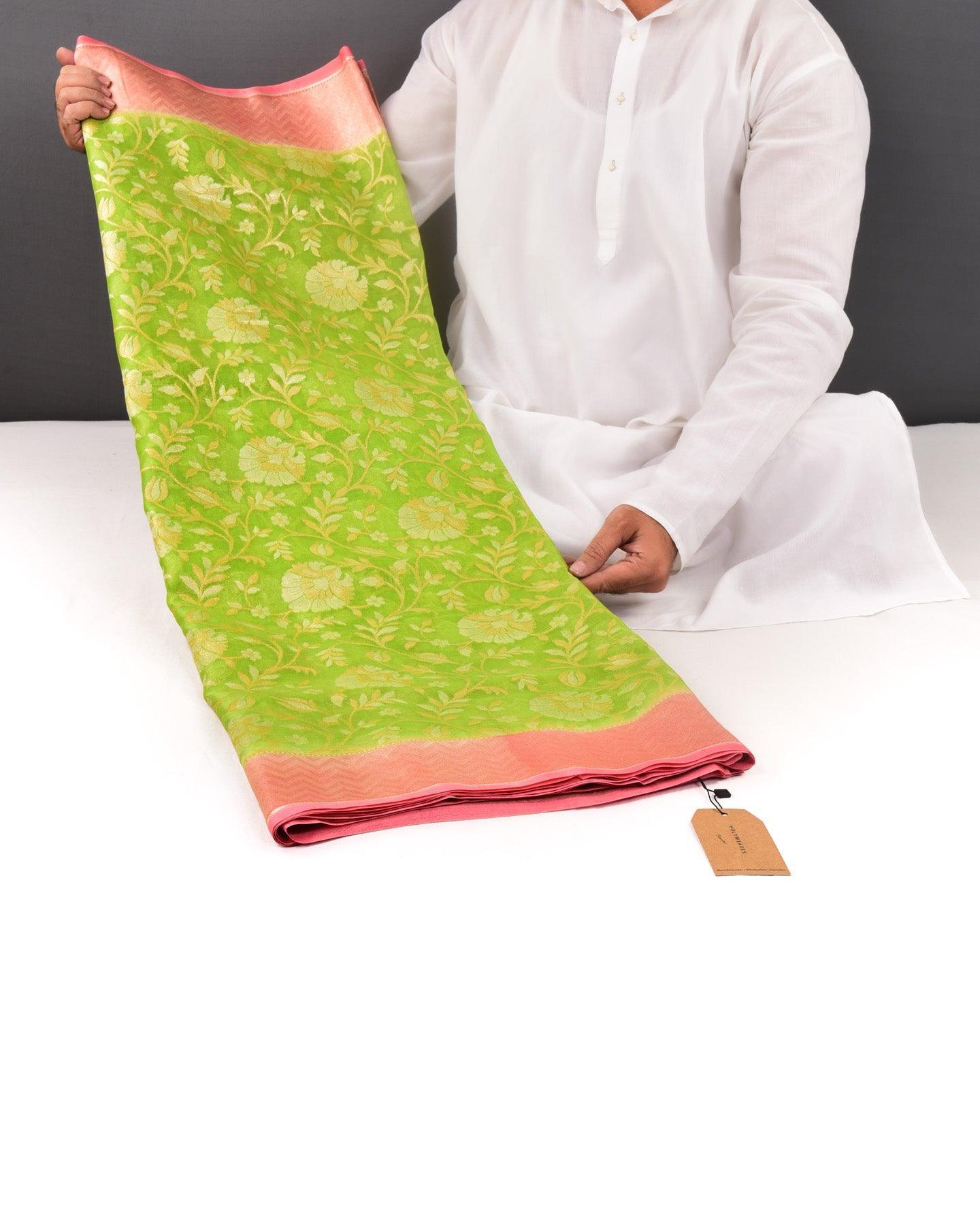 Bud Green Banarasi Overdyed Alfi Sona Rupa Jaal Cutwork Brocade Handwoven Kora Silk Saree - By HolyWeaves, Benares