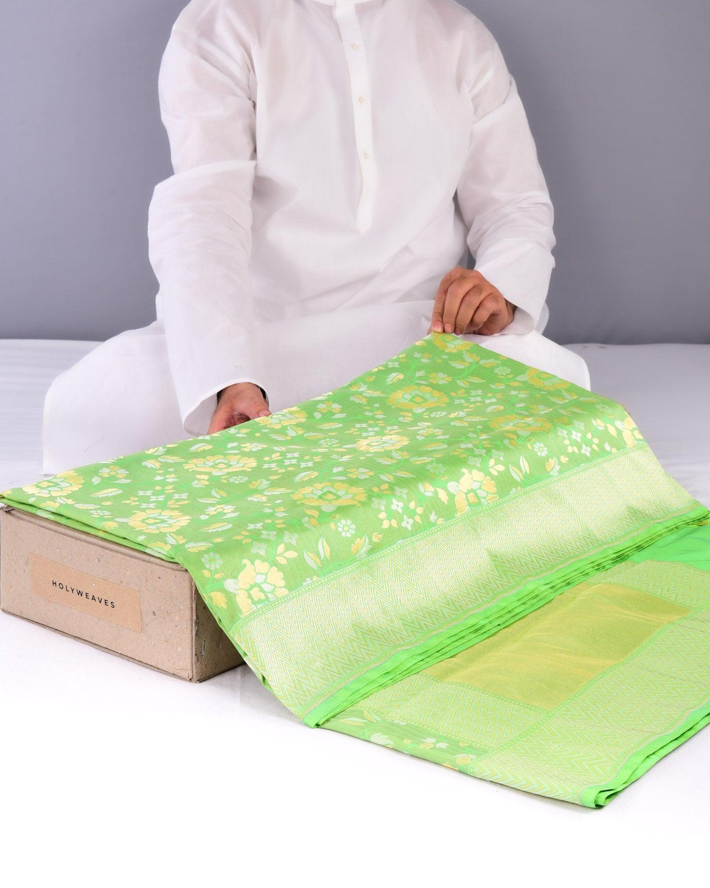 Bud Green Banarasi Tehra Gulab Jaal Brocade Handwoven Katan Silk Saree - By HolyWeaves, Benares