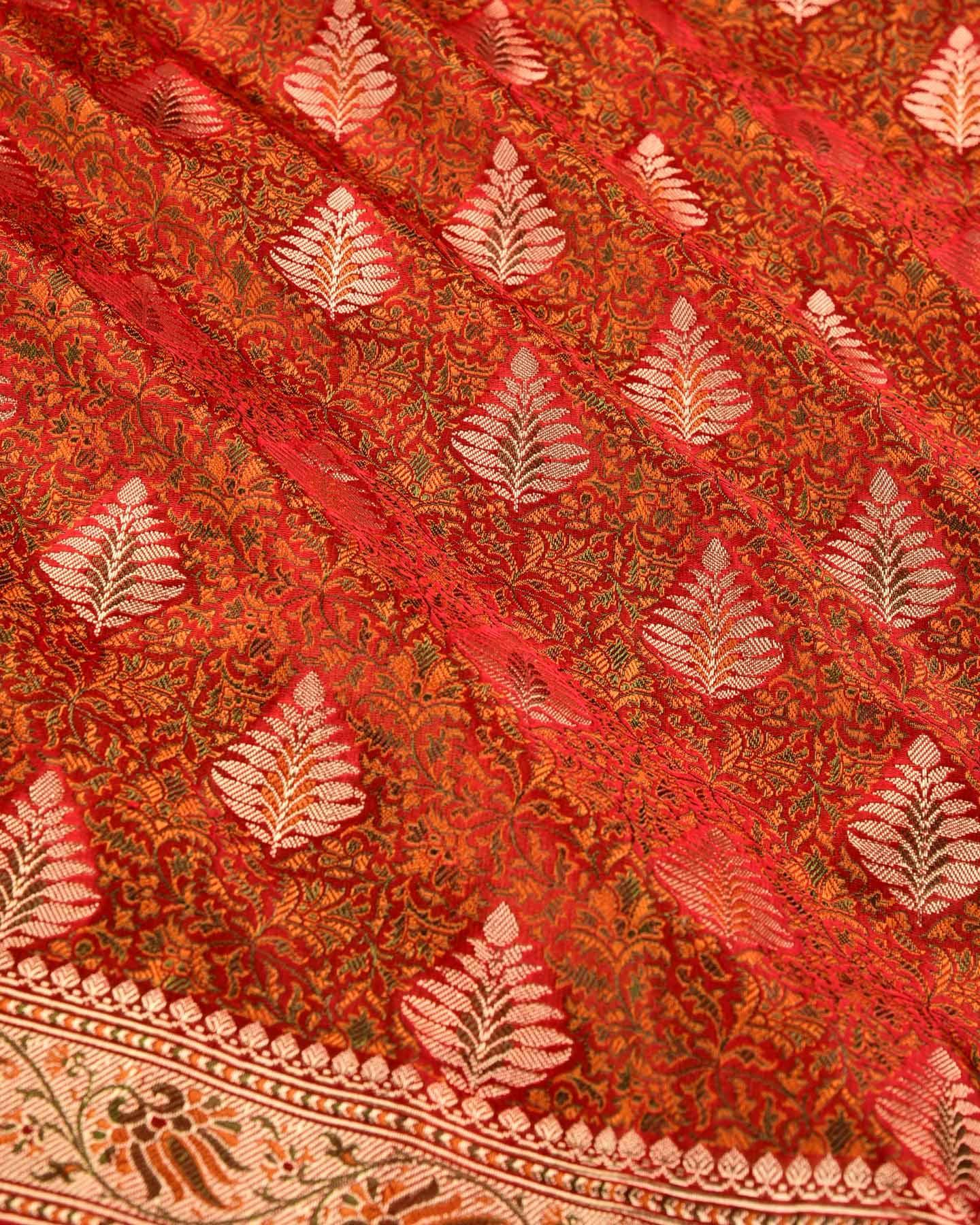 Burgundy Banarasi Floral Jamawar Brocade Handwoven Katan Silk Saree with Zari Cutwork - By HolyWeaves, Benares
